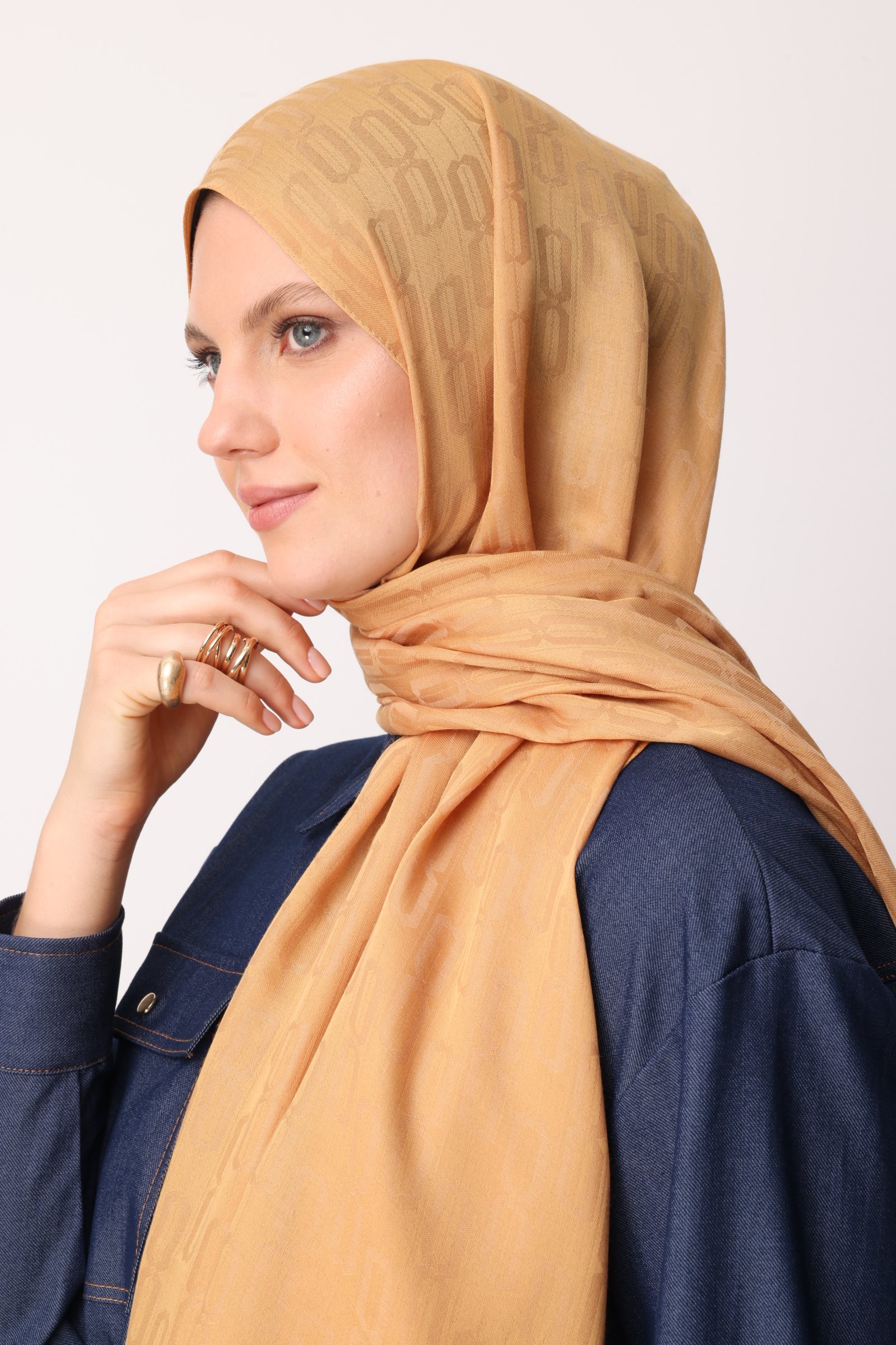 Chain Pattern Cotton Jacquard Shawl - Mustard