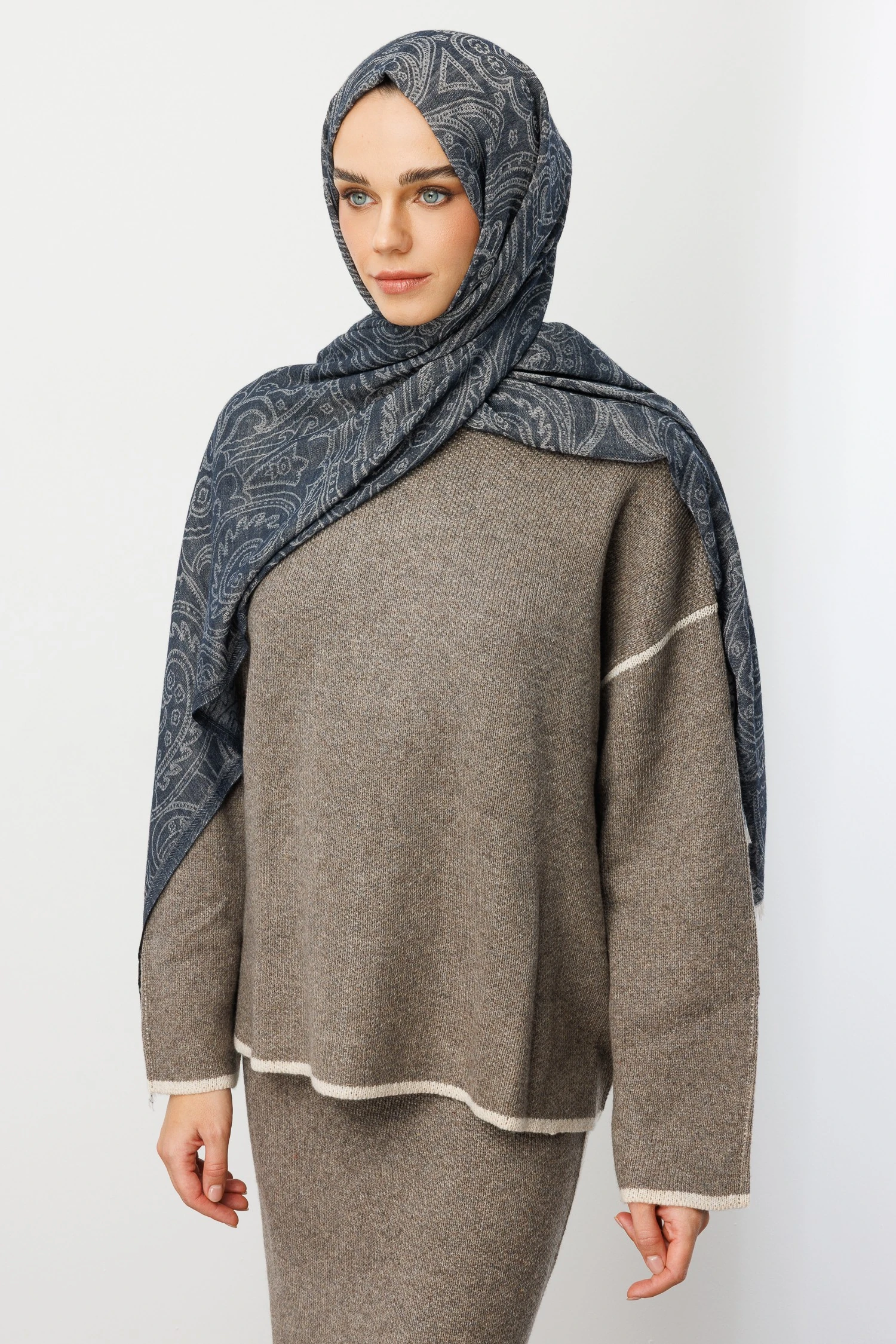 Rumi Desen Yün Kaşmir Şal - Navyblue