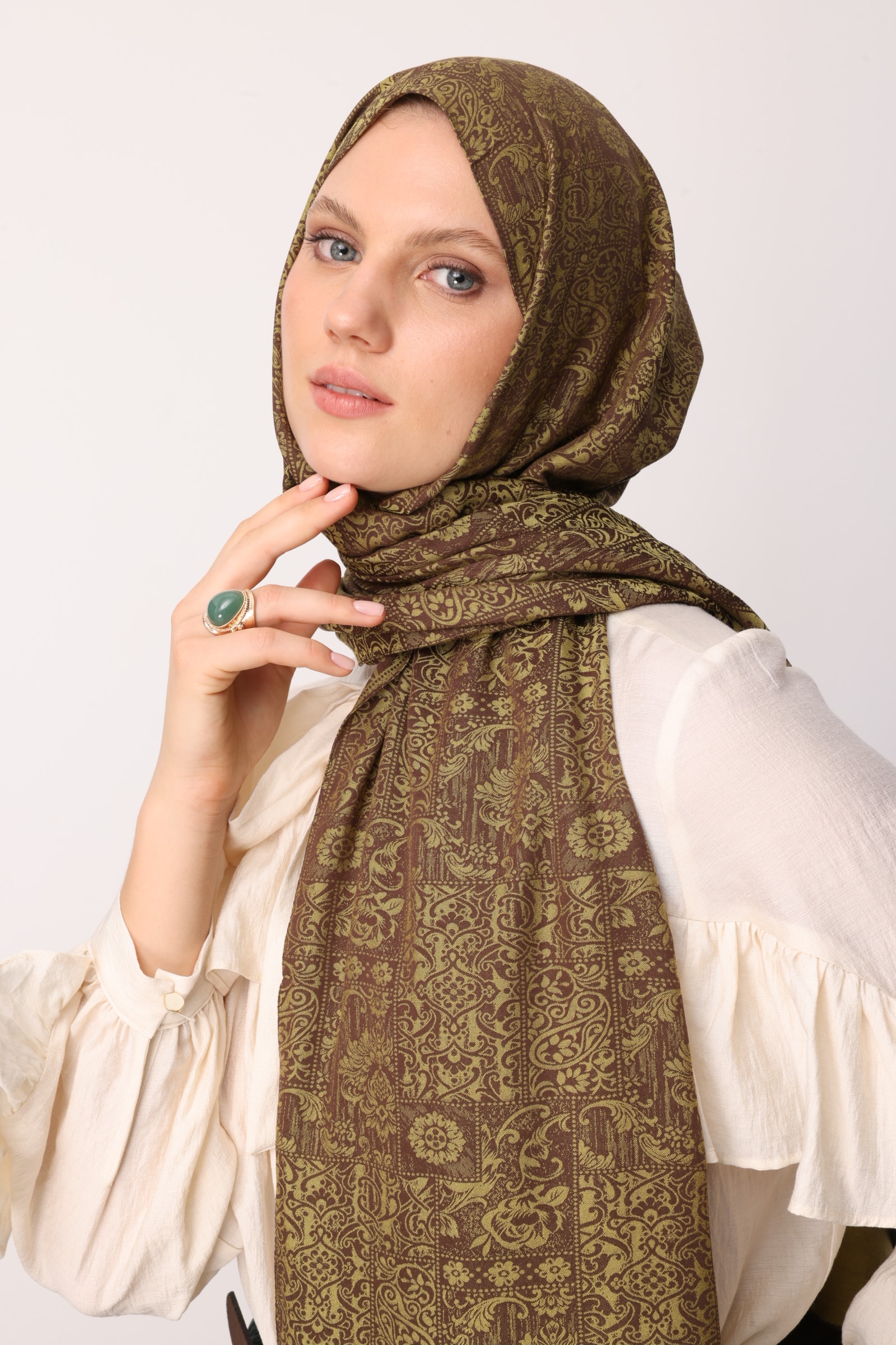Henna Desen Çift Taraflı Şal - Acı Kahve-Somon