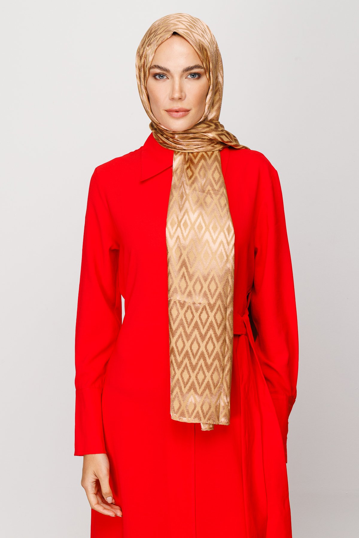 Karo Pattern Shiny Jacquard Shawl - Biscuit
