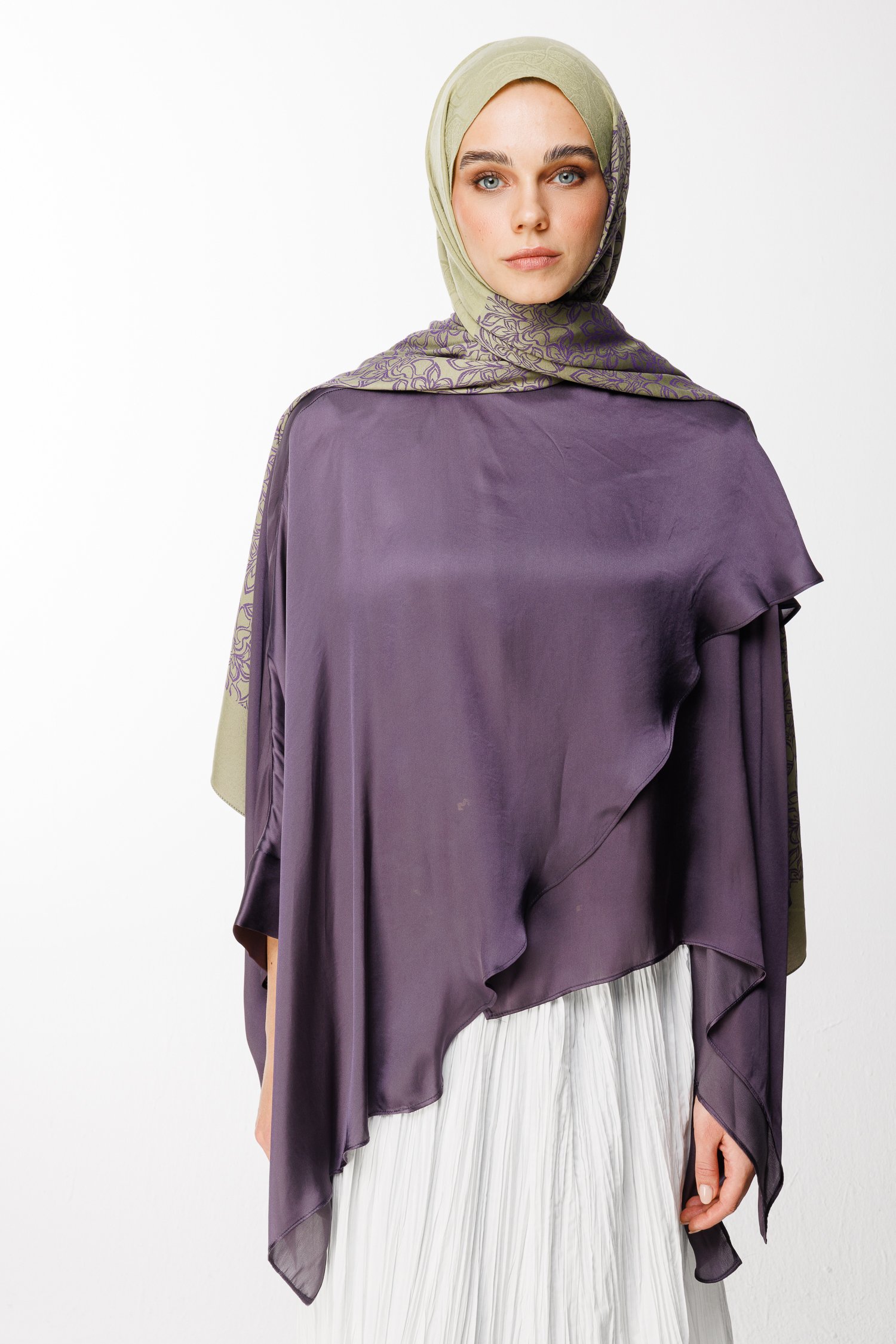 Nora Pattern Double-Sided Shawl - Olive-Purple