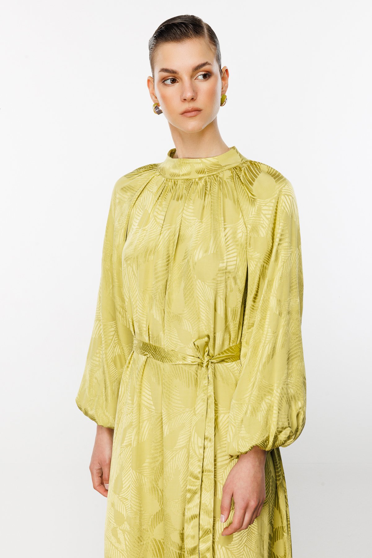 Jacquard Balloon Sleeve Dress - Olive Green