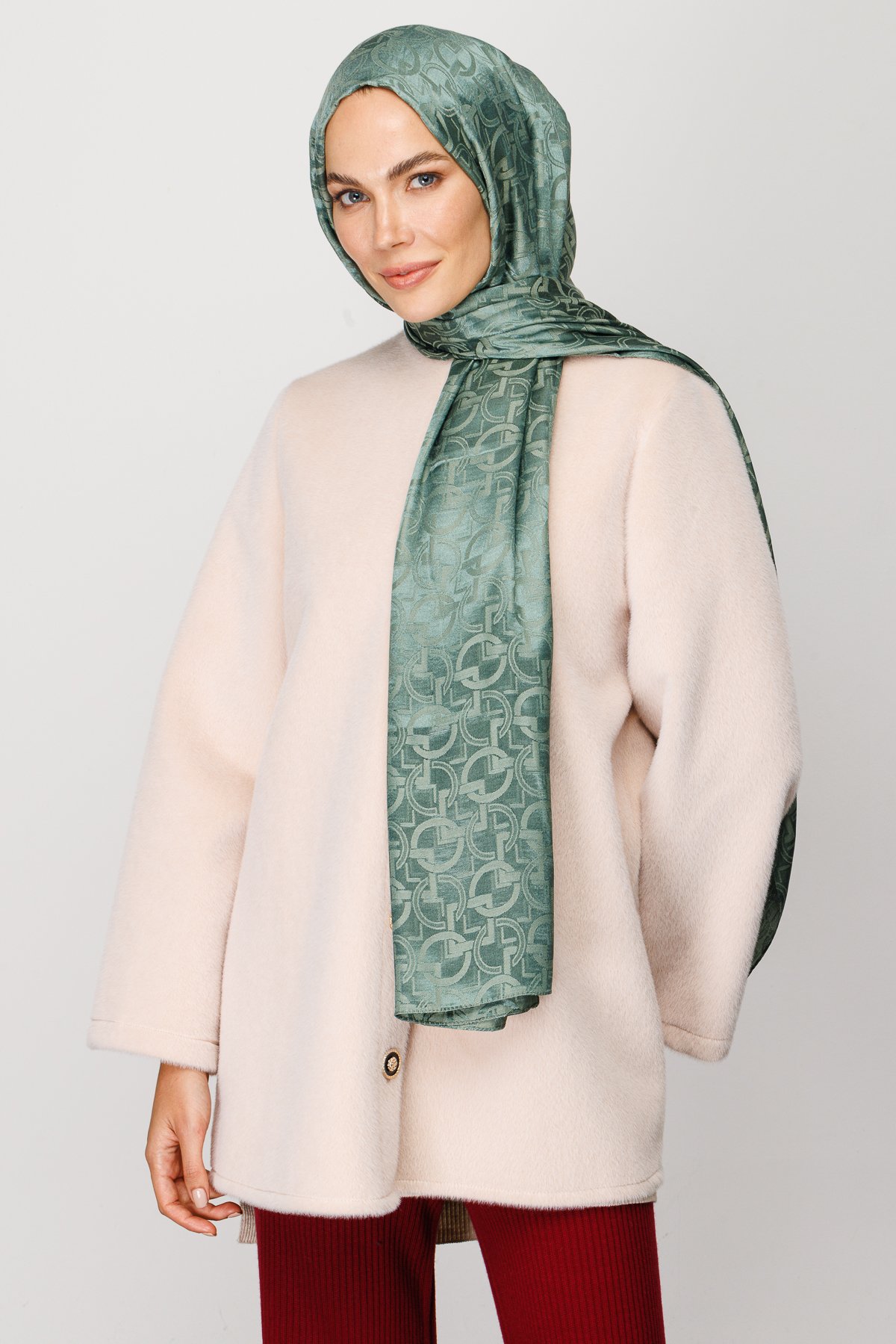 Longar Pattern Shiny Jacquard Shawl - Mold Green