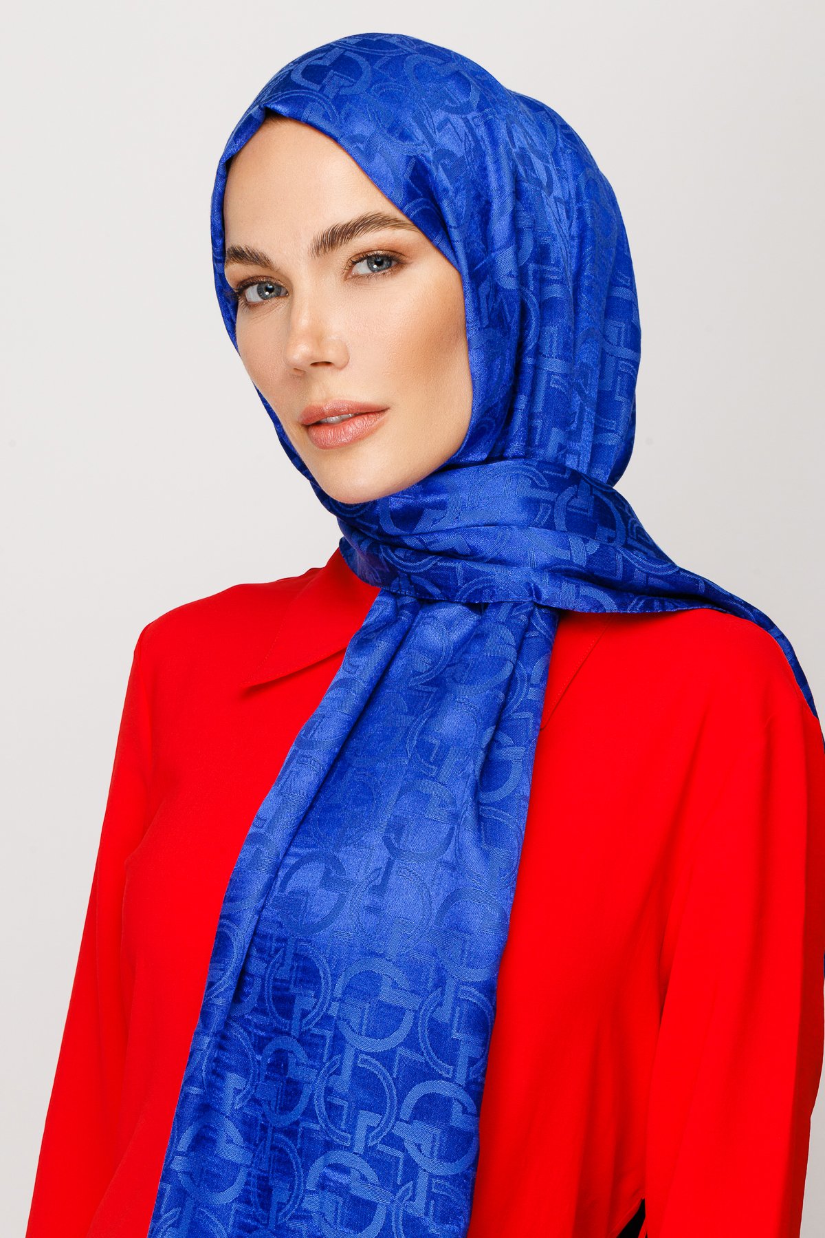 Longar Pattern Shiny Jacquard Shawl - Sax Blue