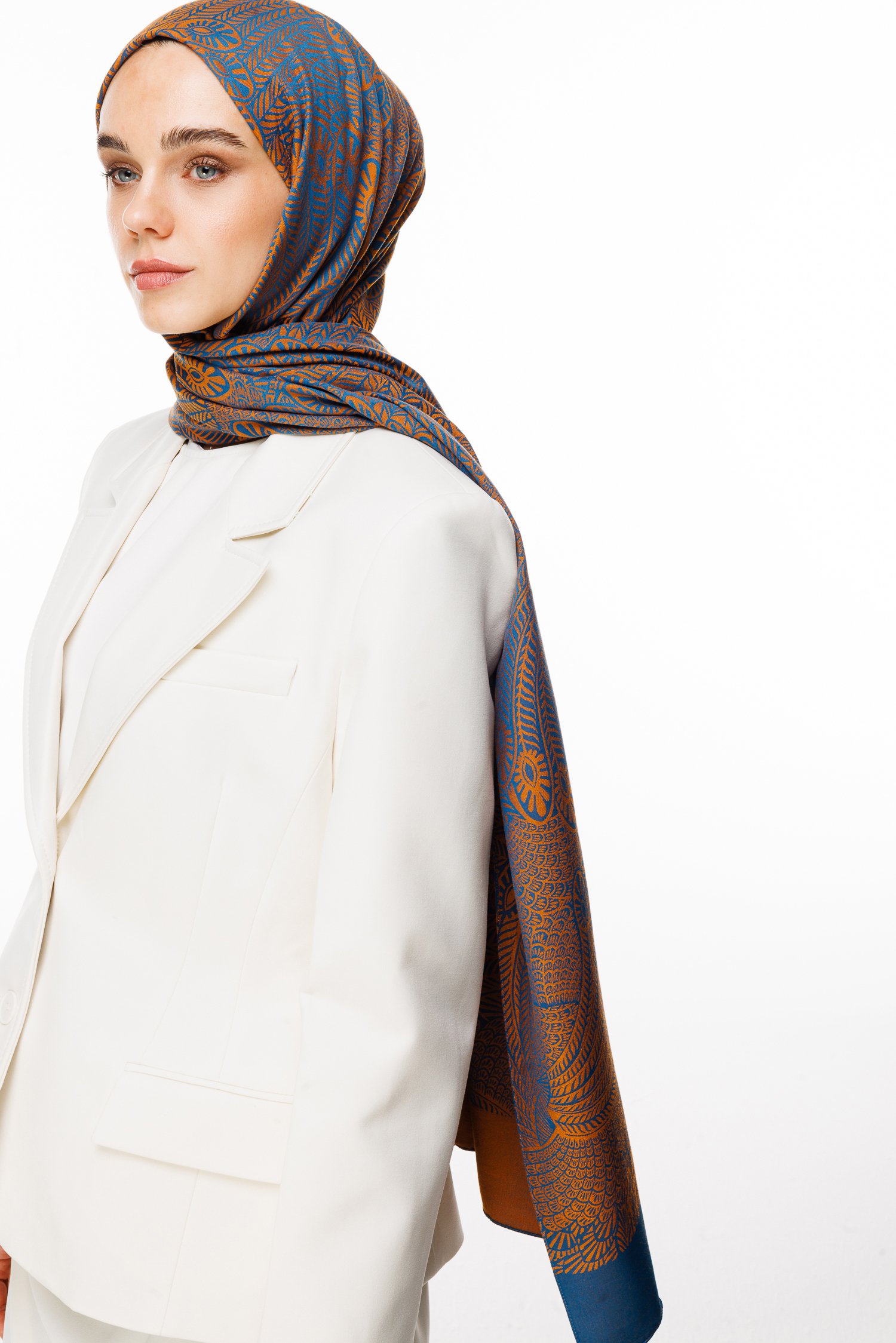 Mayra Pattern Double-Sided Shawl - Petrol Blue-Orange