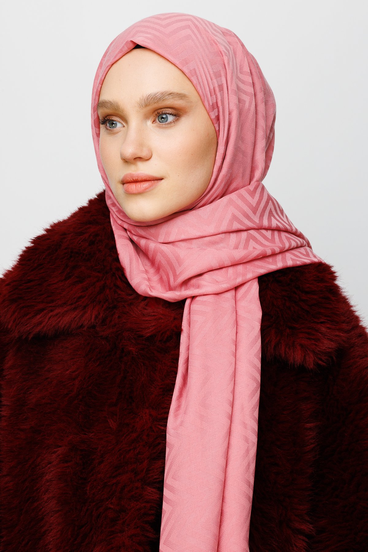 Zigzag Pattern Cotton Jacquard Shawl - Pink
