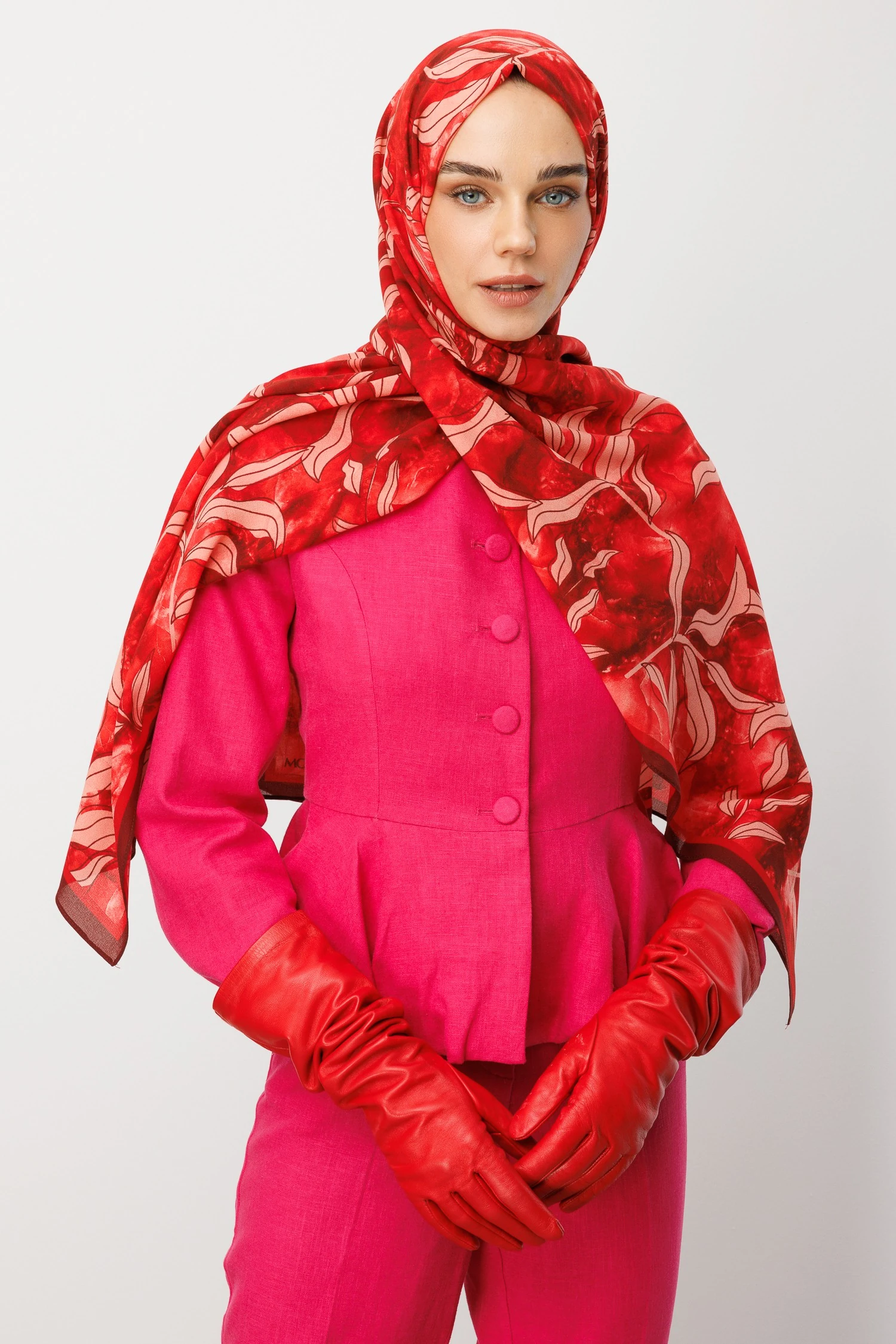 Frond Desen Hebei İpek Şal - Burgundy