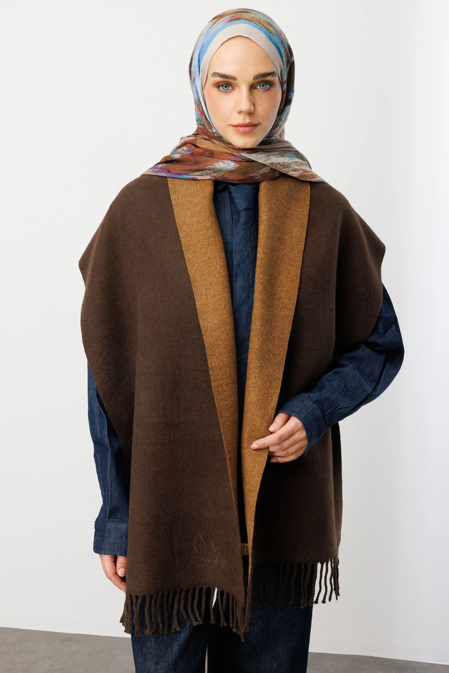 Çift Taraflı Yün Atkı - Kahverengi Bitter