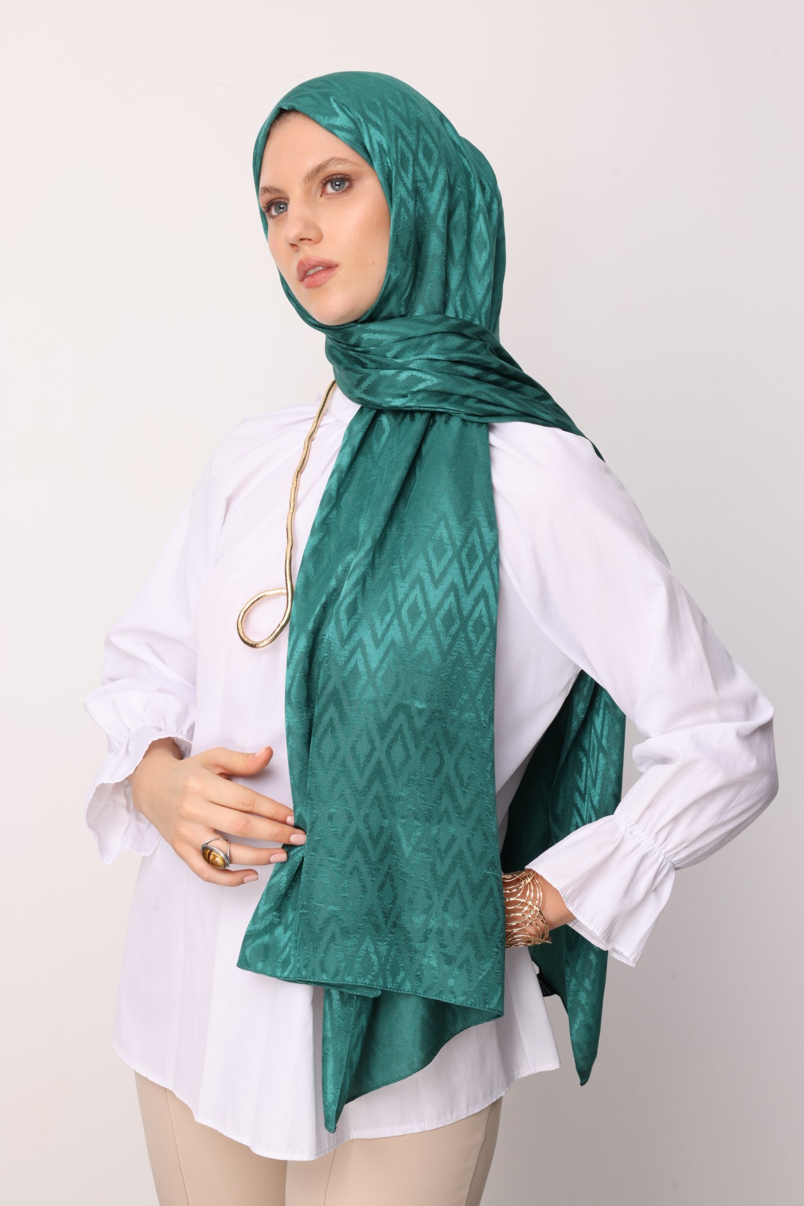 Shiny Check-Pattern Jacquard Shawl - Mint Green
