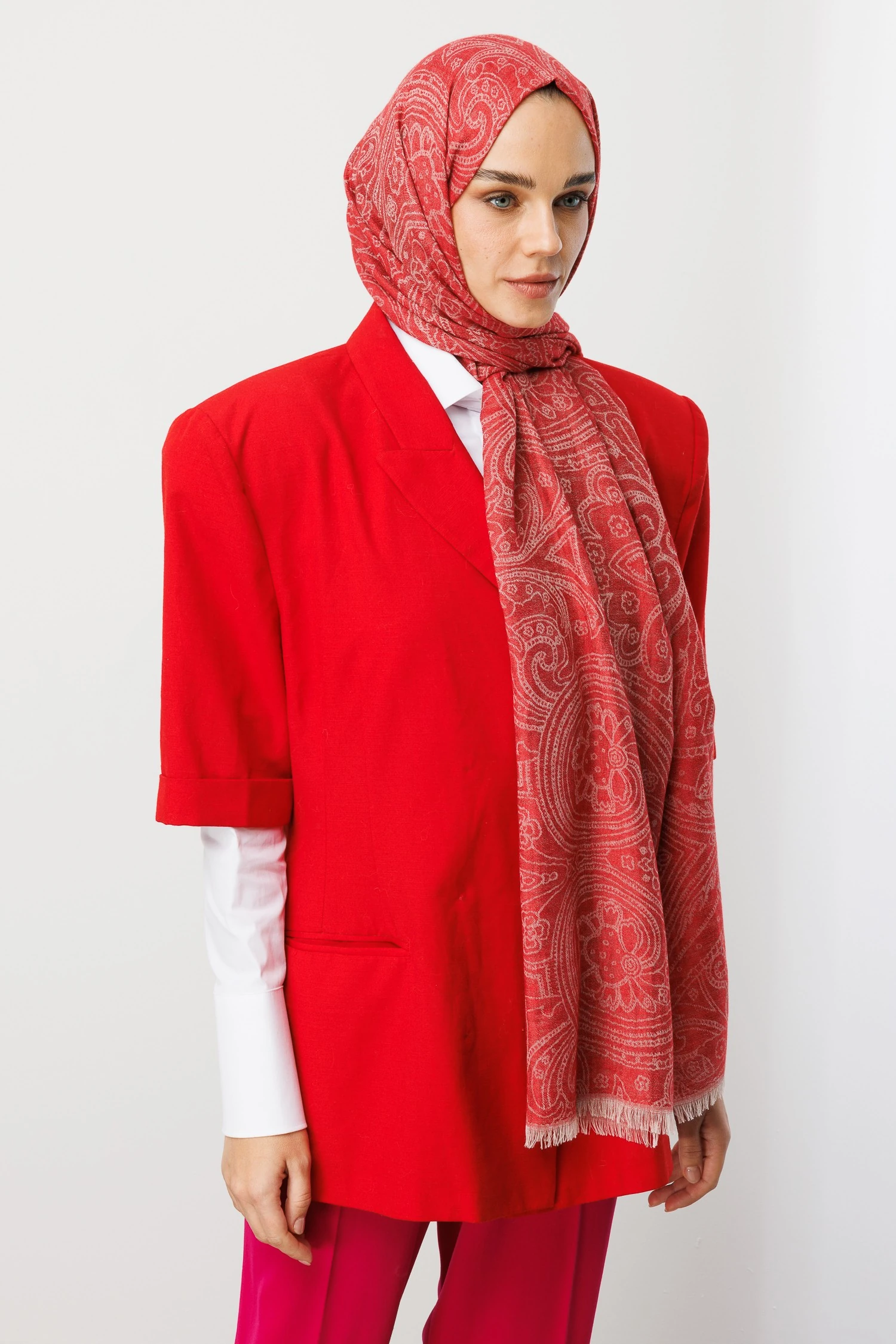 Rumi Desen Yün Kaşmir Şal - Red