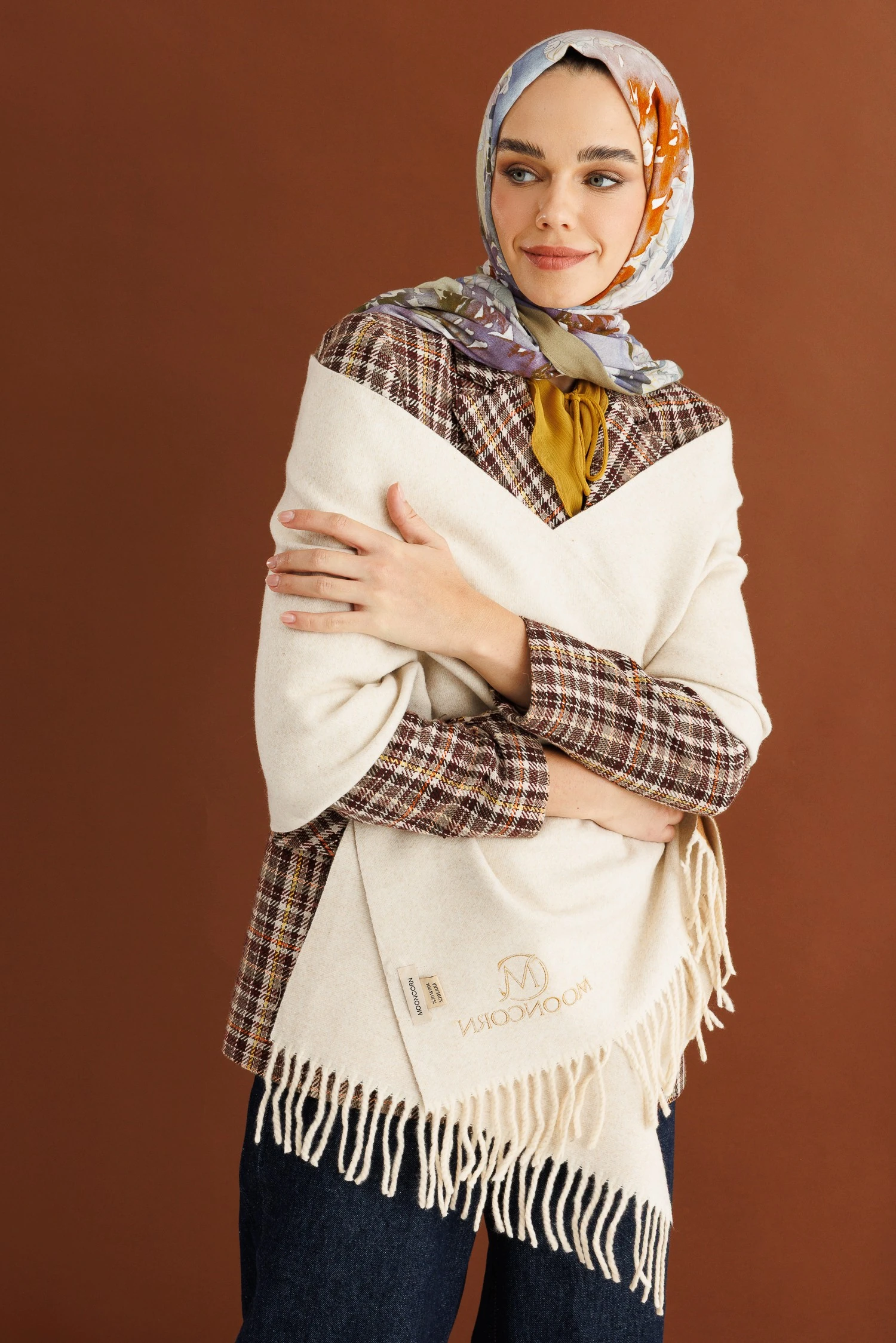 Çift Taraflı Yün Atkı - Hardal Krem