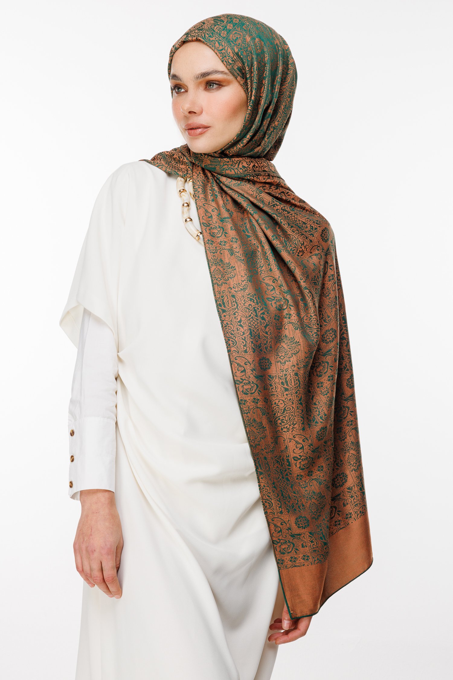 Henna Pattern Double-Sided Shawl - Emerald-Apricot