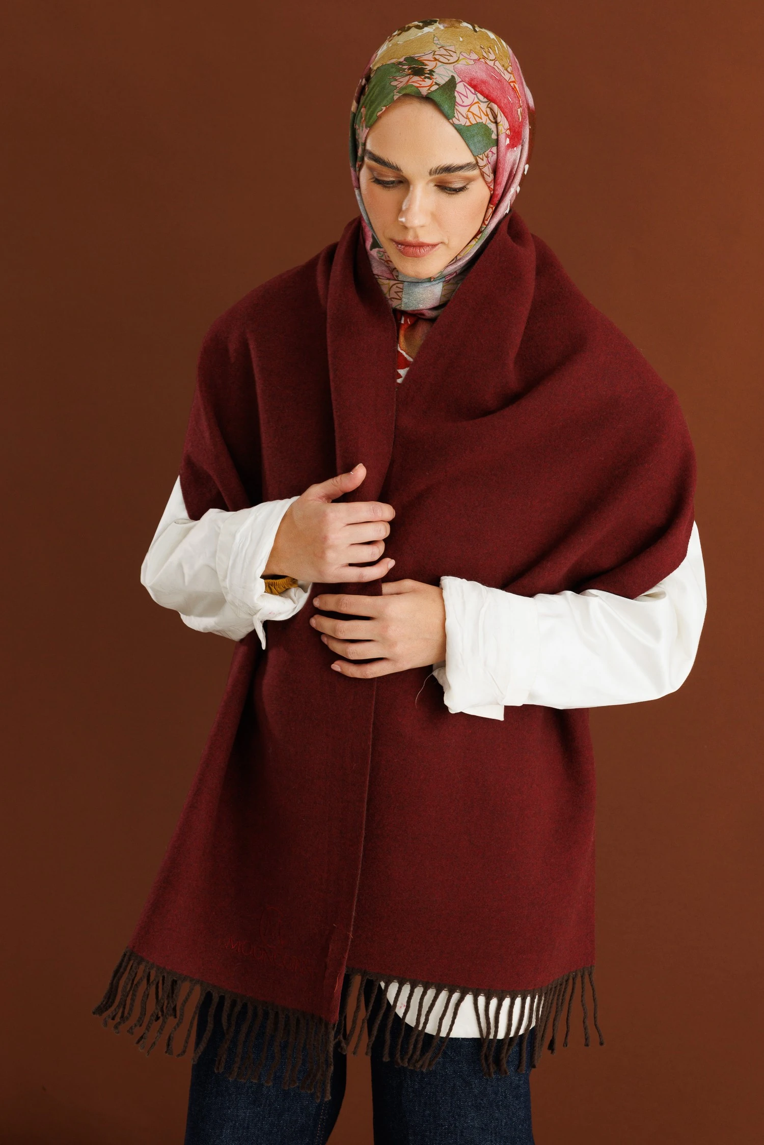 Çift Taraflı Yün Atkı - Acı Kahve Bordo