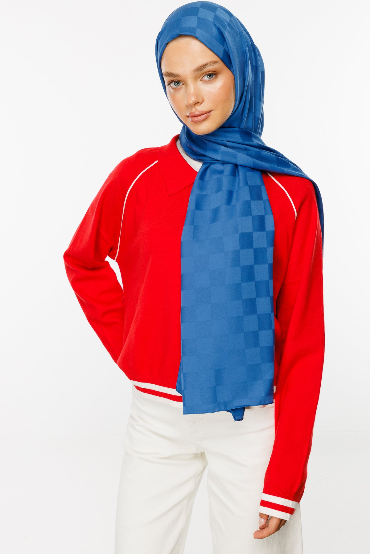 Checkers Pattern Silk Jacquard Shawl - İndigo