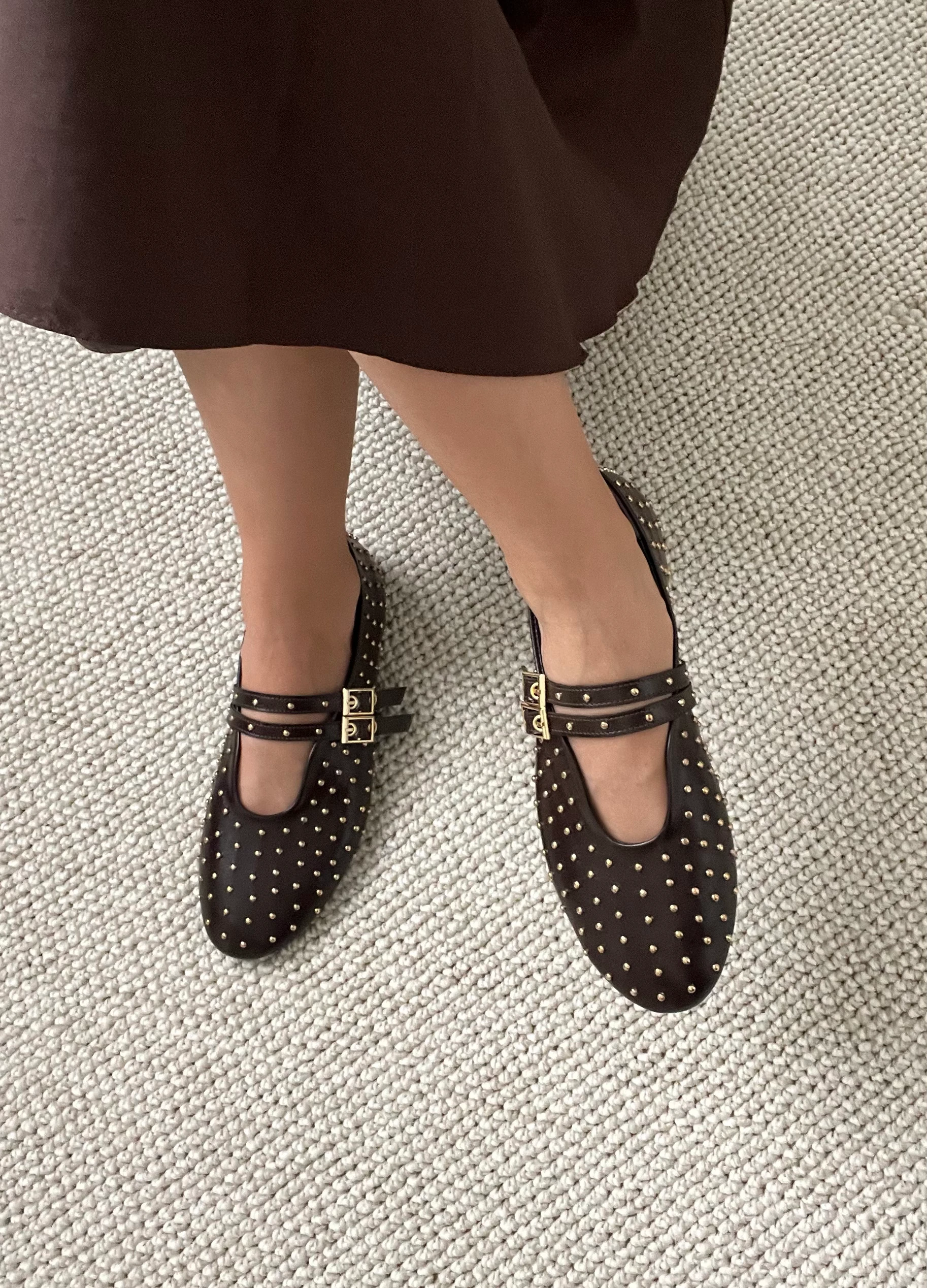 Zımba Detaylı Çift Tokalı Acı Kahve Babet