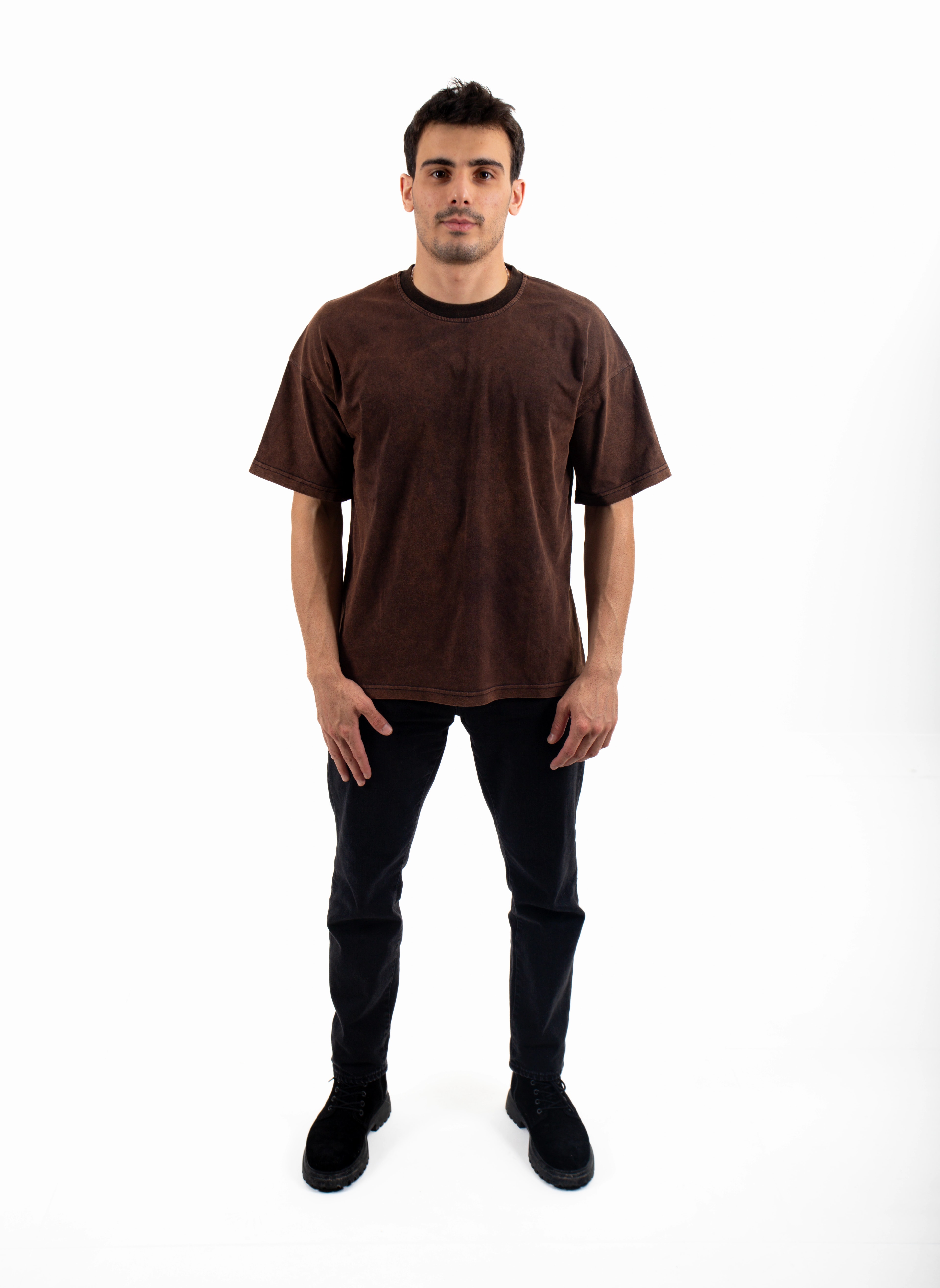  Basic Yıkama Detaylı Oversize Tişört - Kahverengi