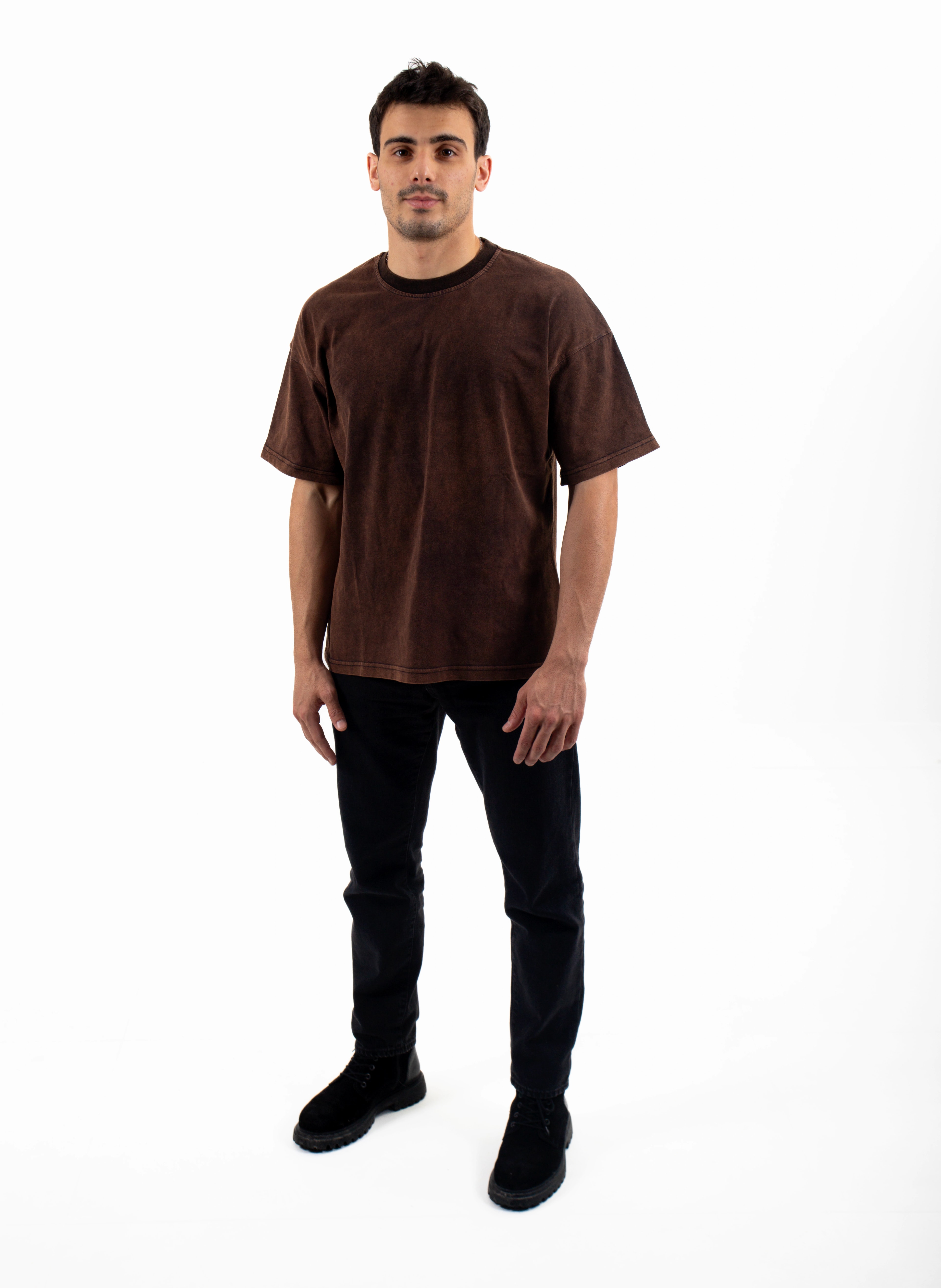  Basic Yıkama Detaylı Oversize Tişört - Kahverengi