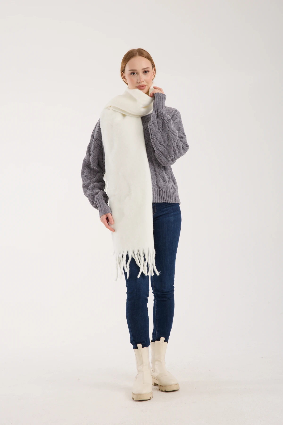 Kadın Yumuşak Dokulu Uzun Şal Atkı  - EKRU