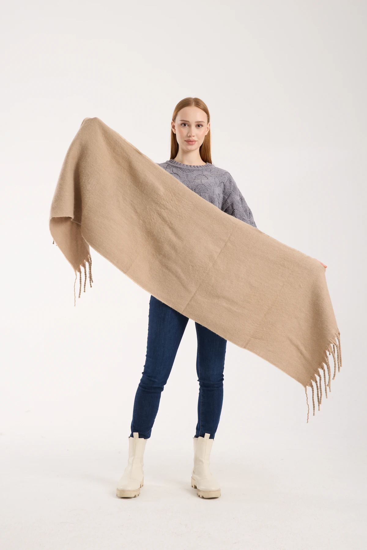 Kadın Yumuşak Dokulu Uzun Şal Atkı  - VİZON