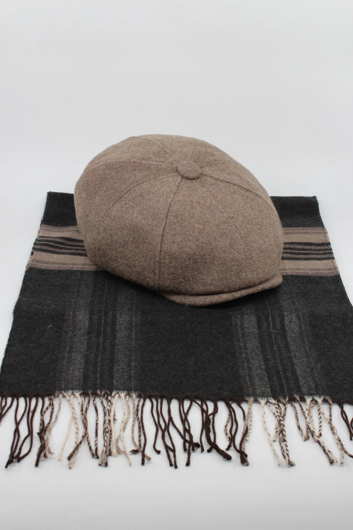 Erkek Tweed Kasket ve Desenli Atkı Seti - Kışlık Şapka Takımı