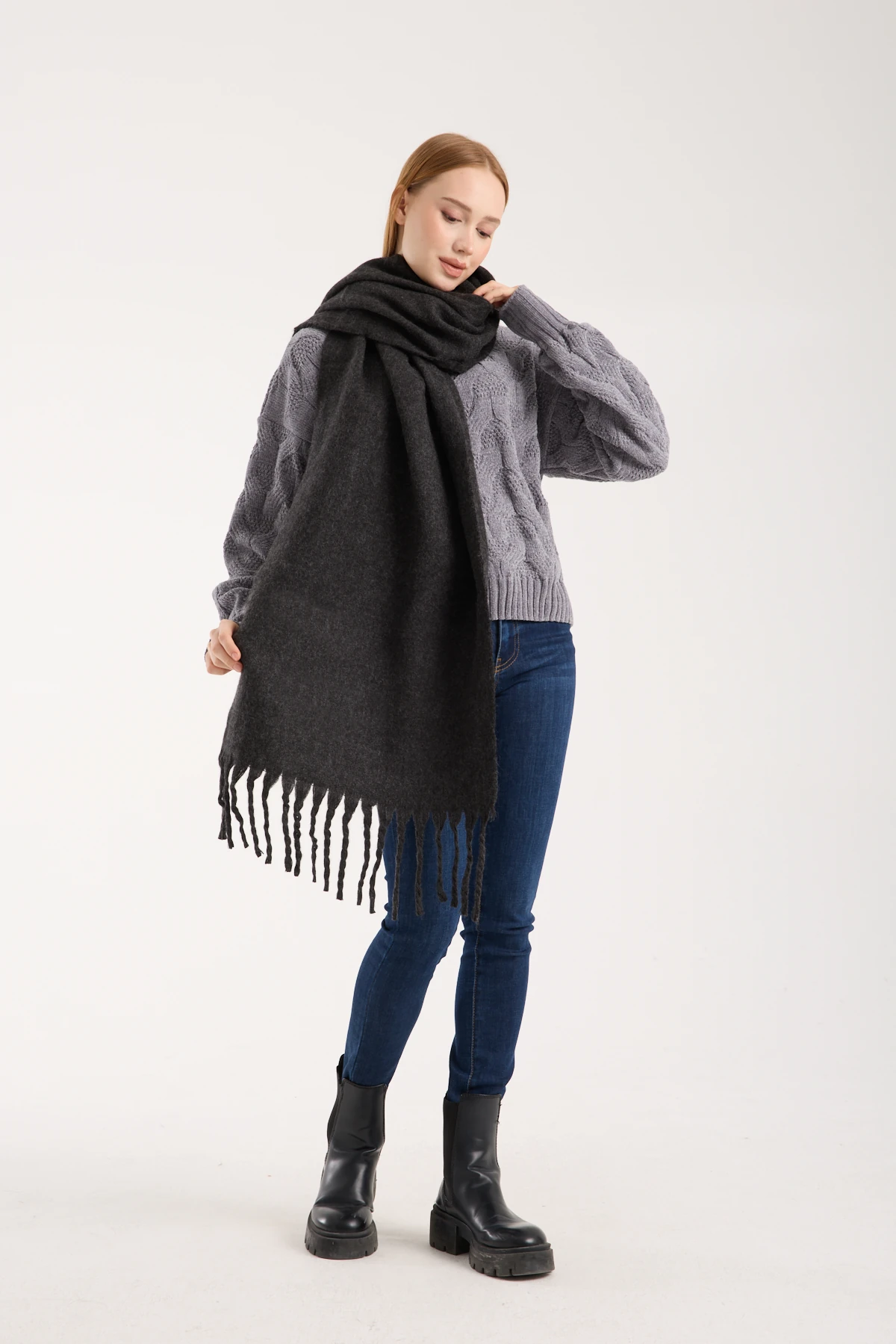 Kadın Yumuşak Dokulu Uzun Şal Atkı  - ANTRASİT