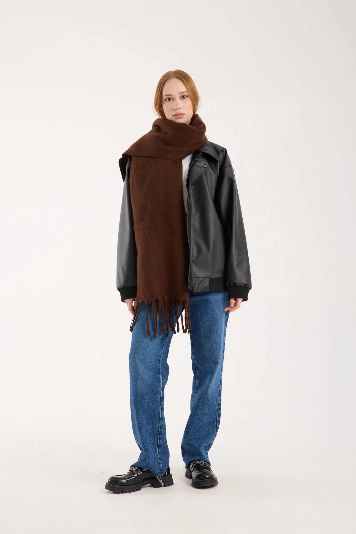 Kadın Yumuşak Dokulu Uzun Şal Atkı  - KAHVERENGİ