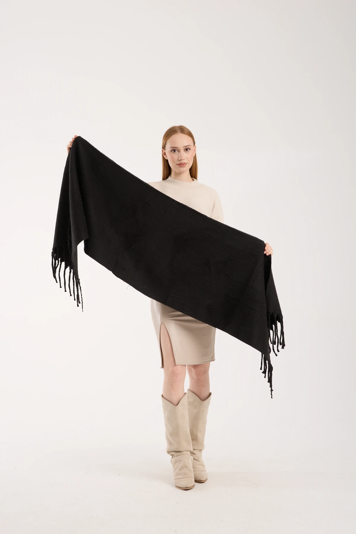 Kadın Yumuşak Dokulu Uzun Şal Atkı  - SİYAH