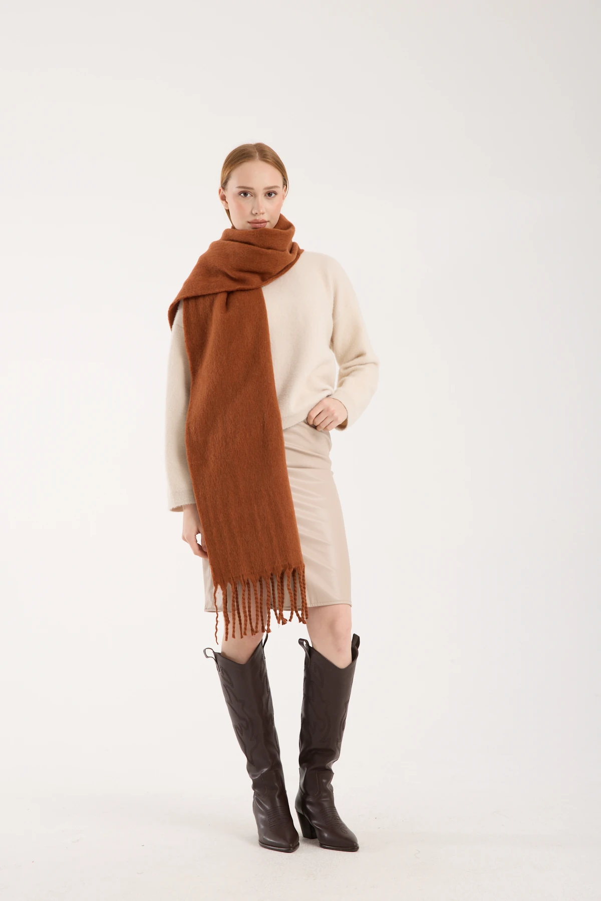 Kadın Yumuşak Dokulu Uzun Şal Atkı  - KİREMİT