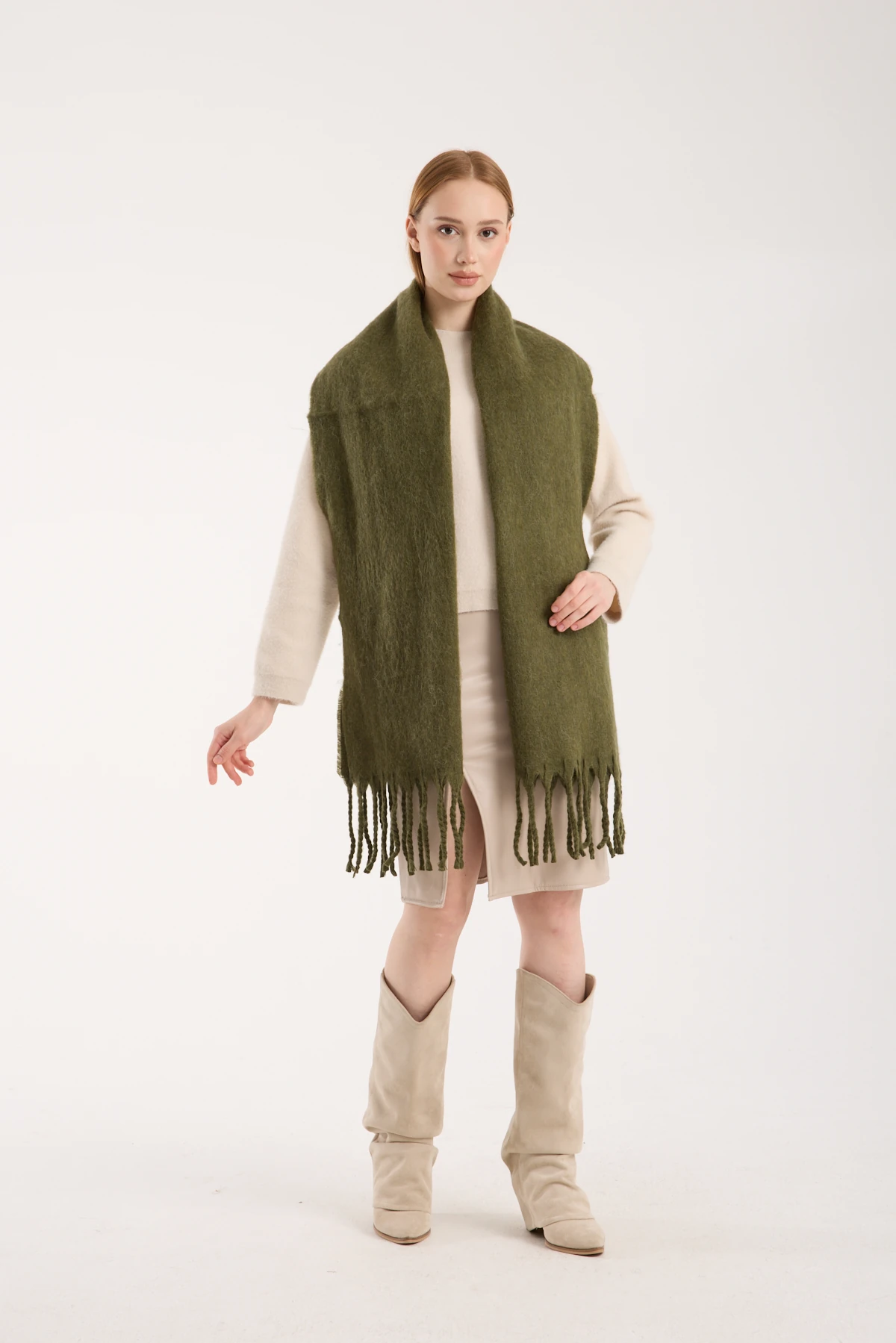 Kadın Yumuşak Dokulu Uzun Şal Atkı  - YEŞİL