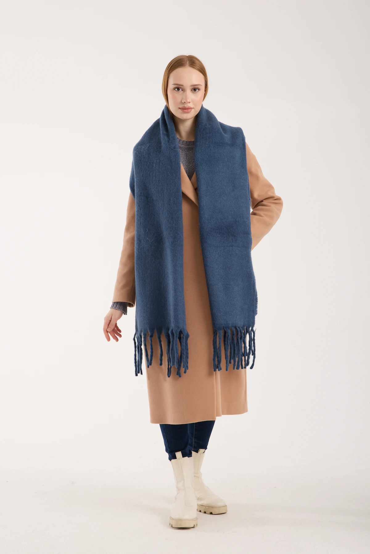 Kadın Yumuşak Dokulu Uzun Şal Atkı  - MAVİ