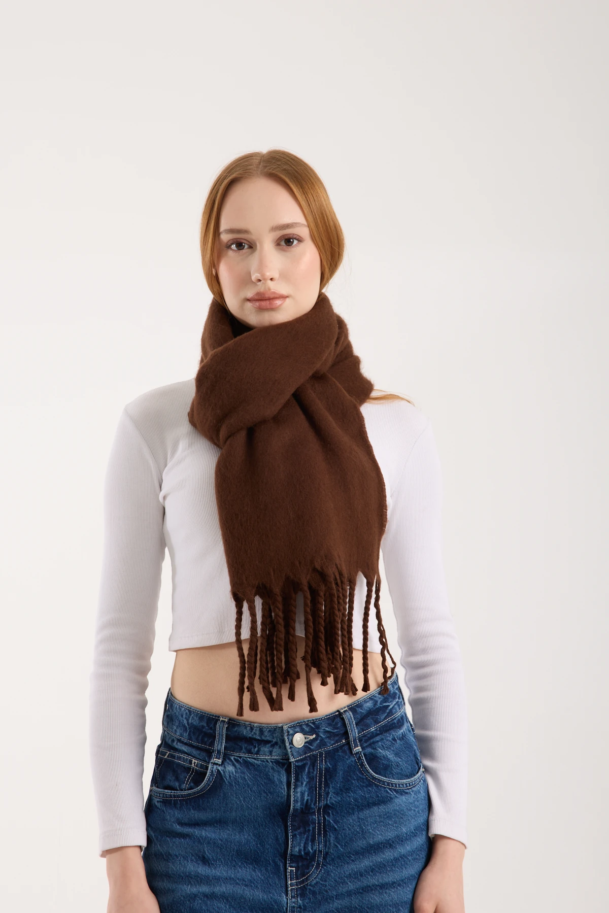 Kadın Yumuşak Dokulu Uzun Şal Atkı  - KAHVERENGİ