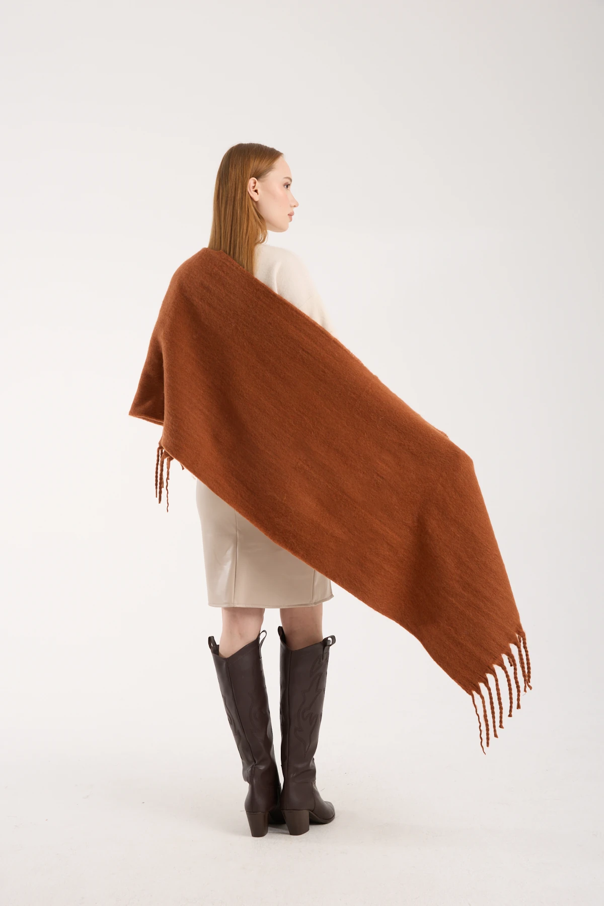 Kadın Yumuşak Dokulu Uzun Şal Atkı  - KİREMİT