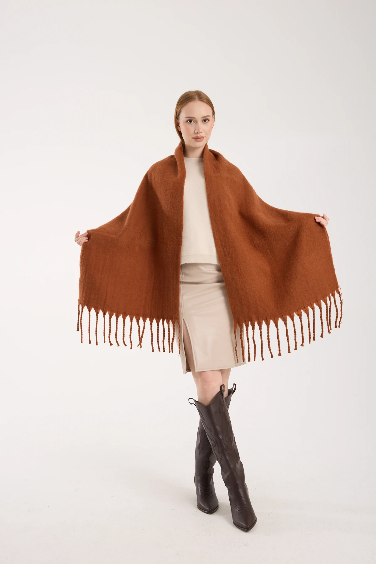 Kadın Yumuşak Dokulu Uzun Şal Atkı  - KİREMİT