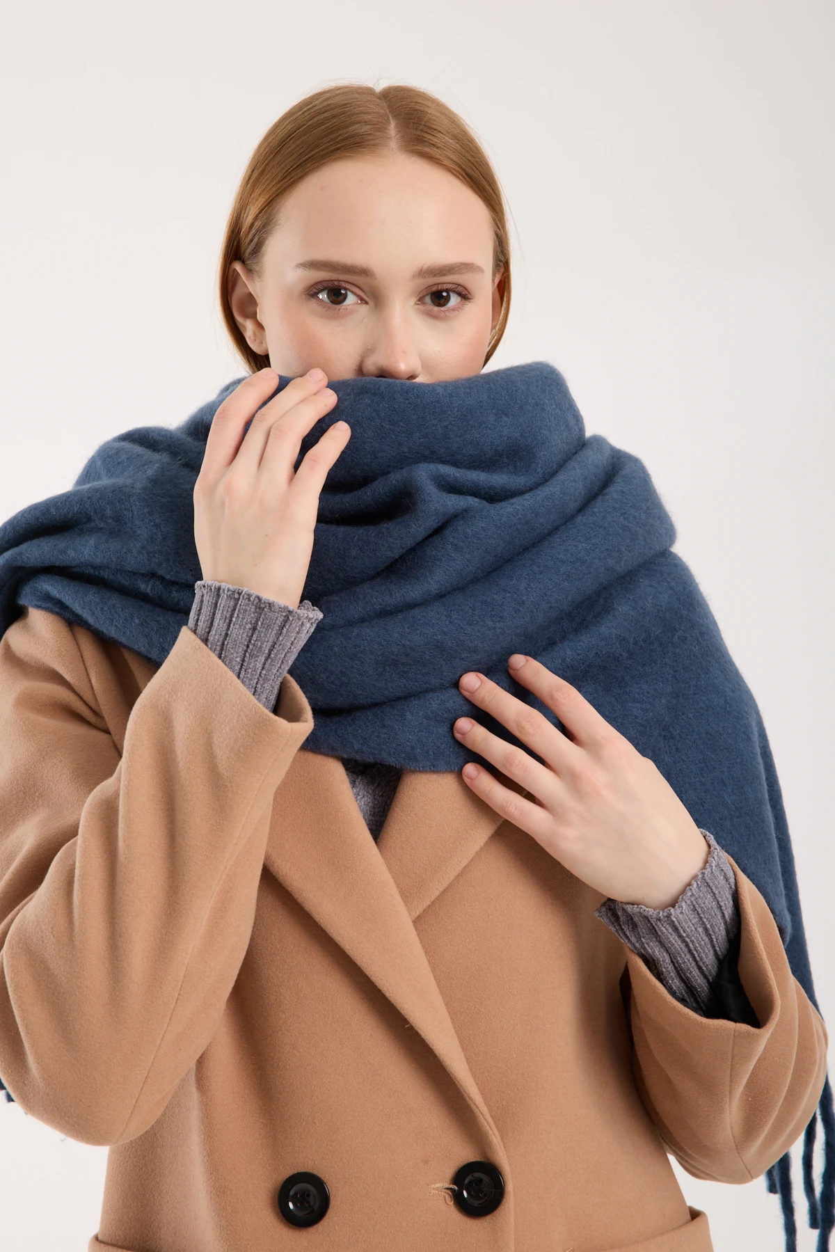 Kadın Yumuşak Dokulu Uzun Şal Atkı  - MAVİ