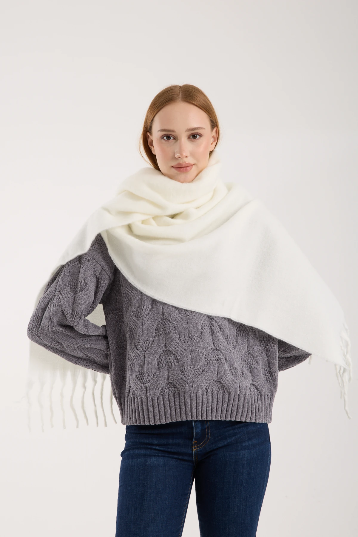 Kadın Yumuşak Dokulu Uzun Şal Atkı  - EKRU