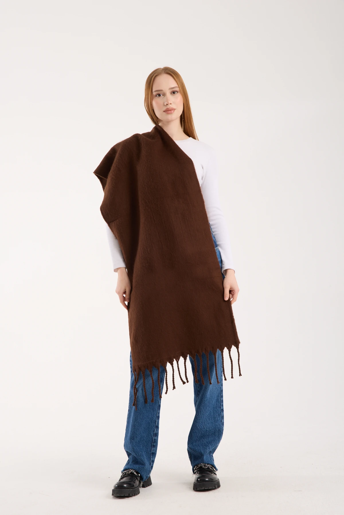 Kadın Yumuşak Dokulu Uzun Şal Atkı  - KAHVERENGİ