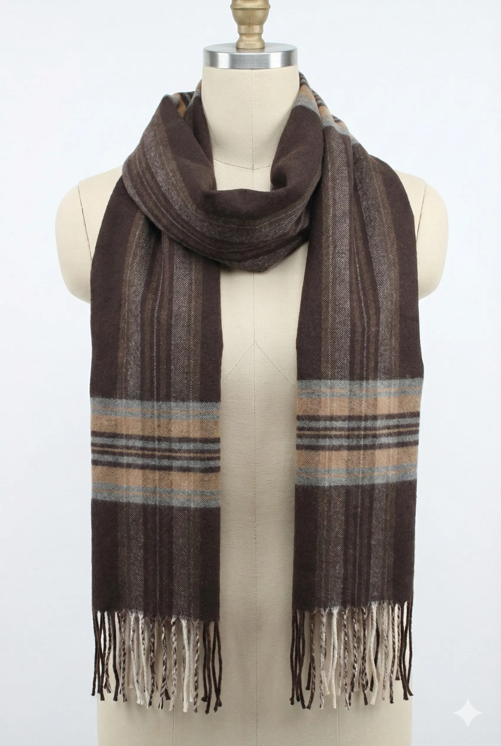 Klasik Desenli Püsküllü Kışlık Erkek Atkı Serisi - Kahverengi Çizgili