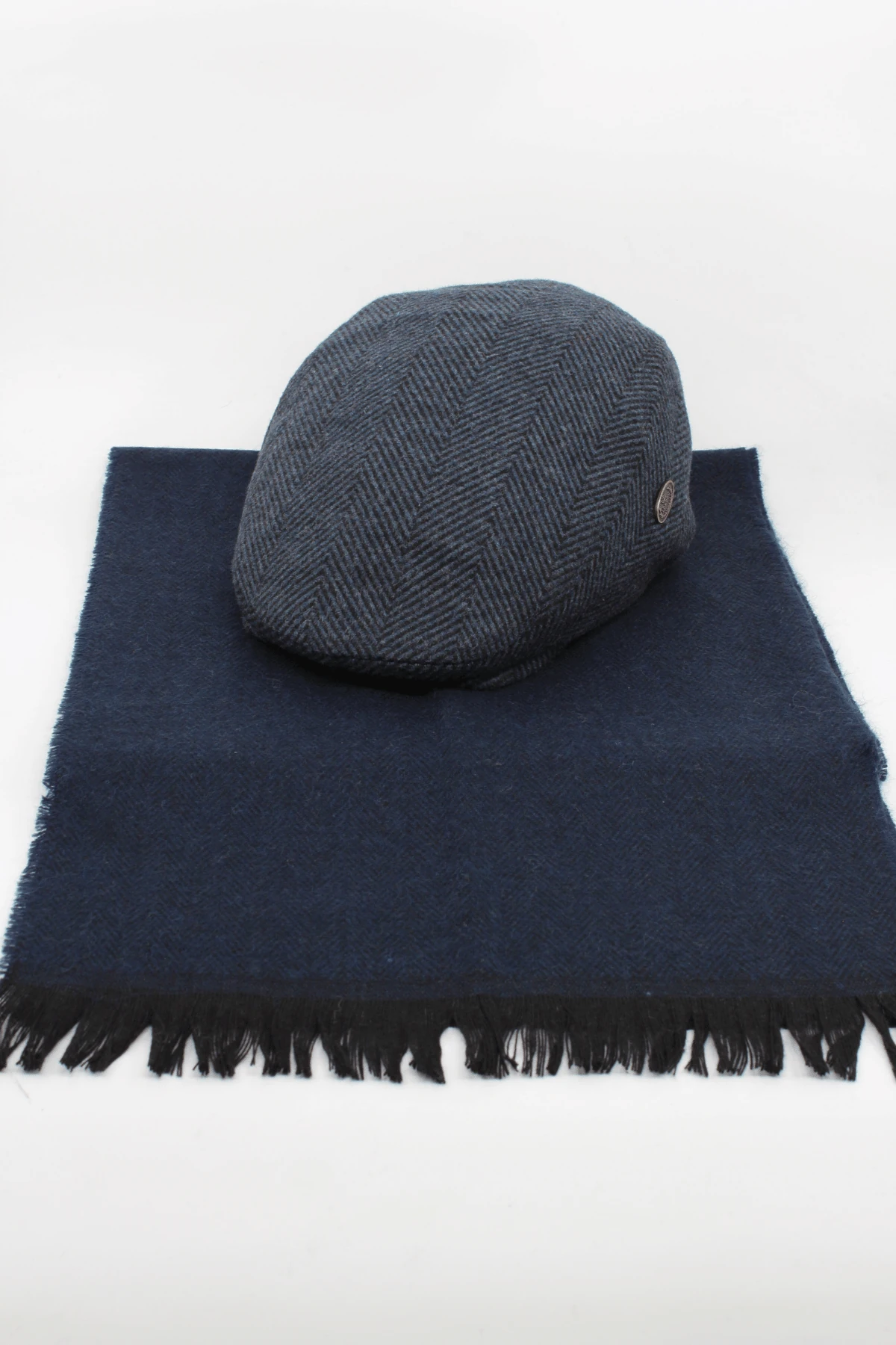 LONDON Kasket Atkı Set Lacivert Balıksırtı Desen Atkı