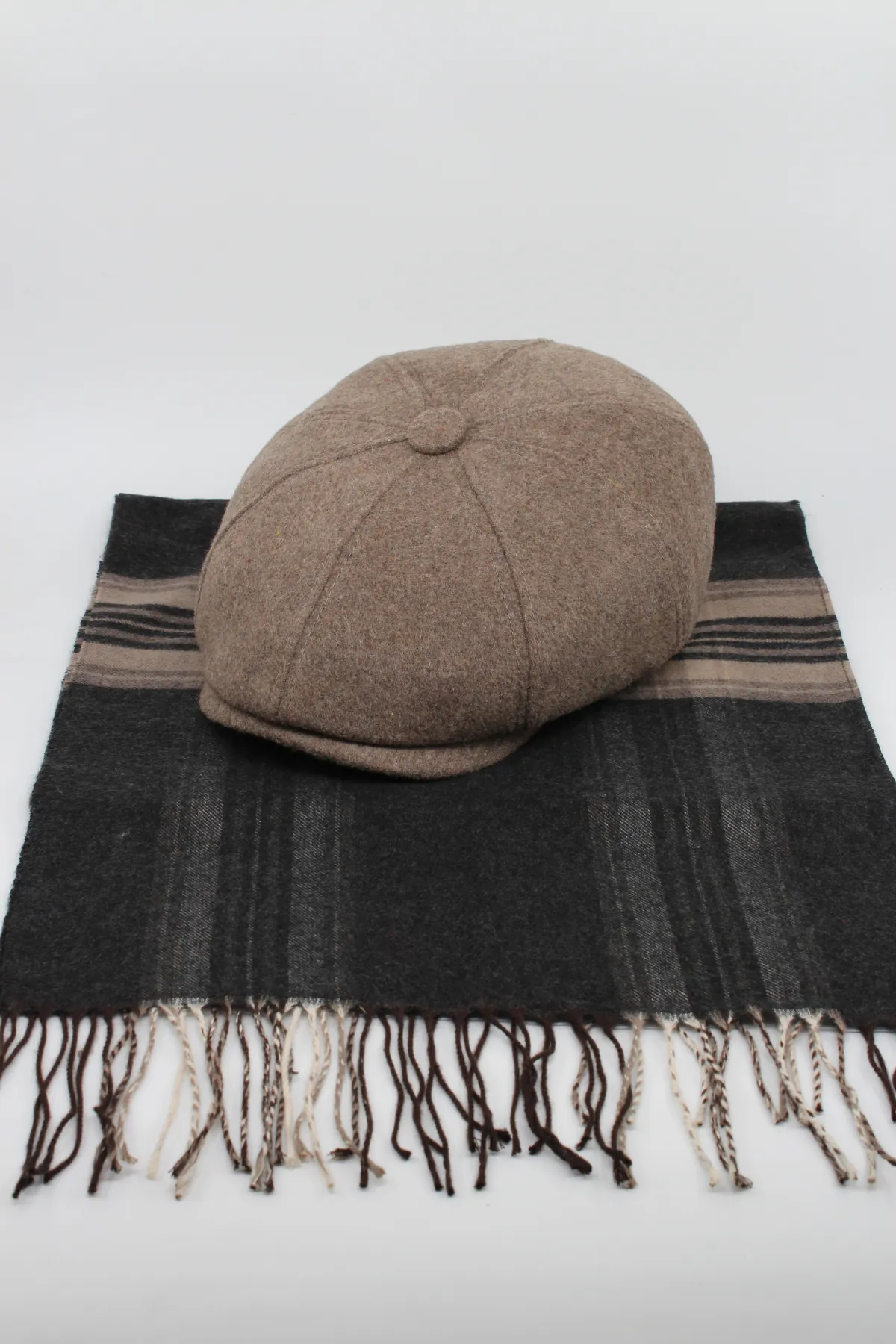 Erkek Tweed Kasket ve Desenli Atkı Seti - Kışlık Şapka Takımı
