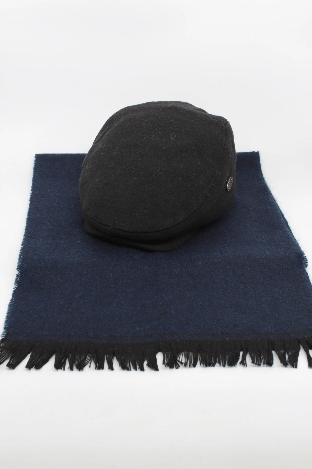 LONDON Kasket Atkı Set Lacivert Balıksırtı Desen Atkı