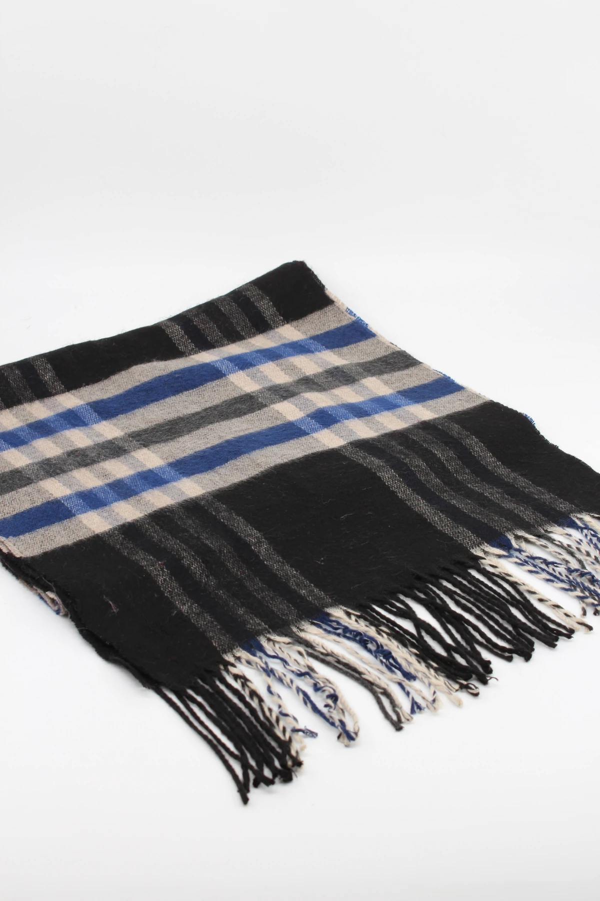 Klasik Desenli Püsküllü Kışlık Erkek Atkı Serisi - Siyah & Saks Mavi Ekose