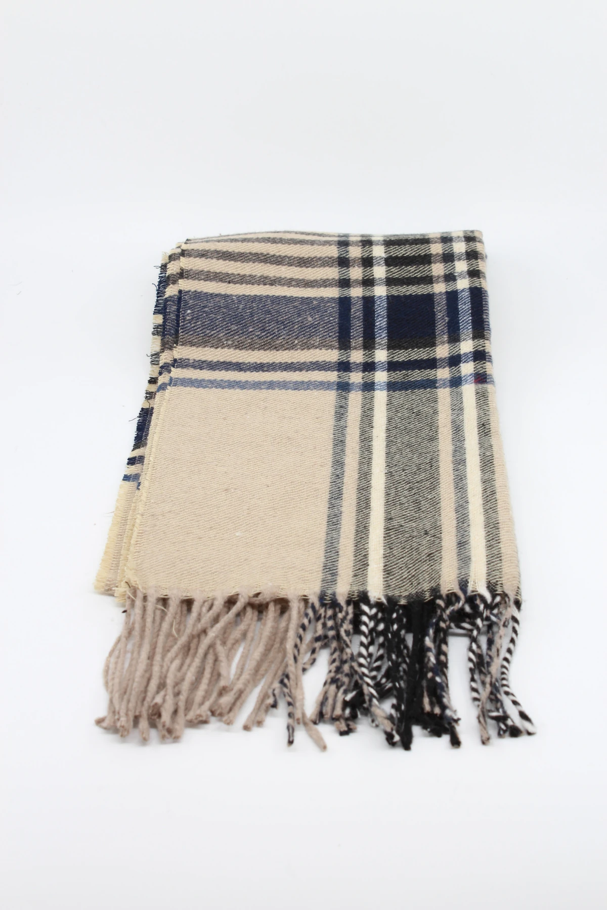 Klasik Desenli Püsküllü Kışlık Erkek Atkı Serisi - Bej & Lacivert Ekose