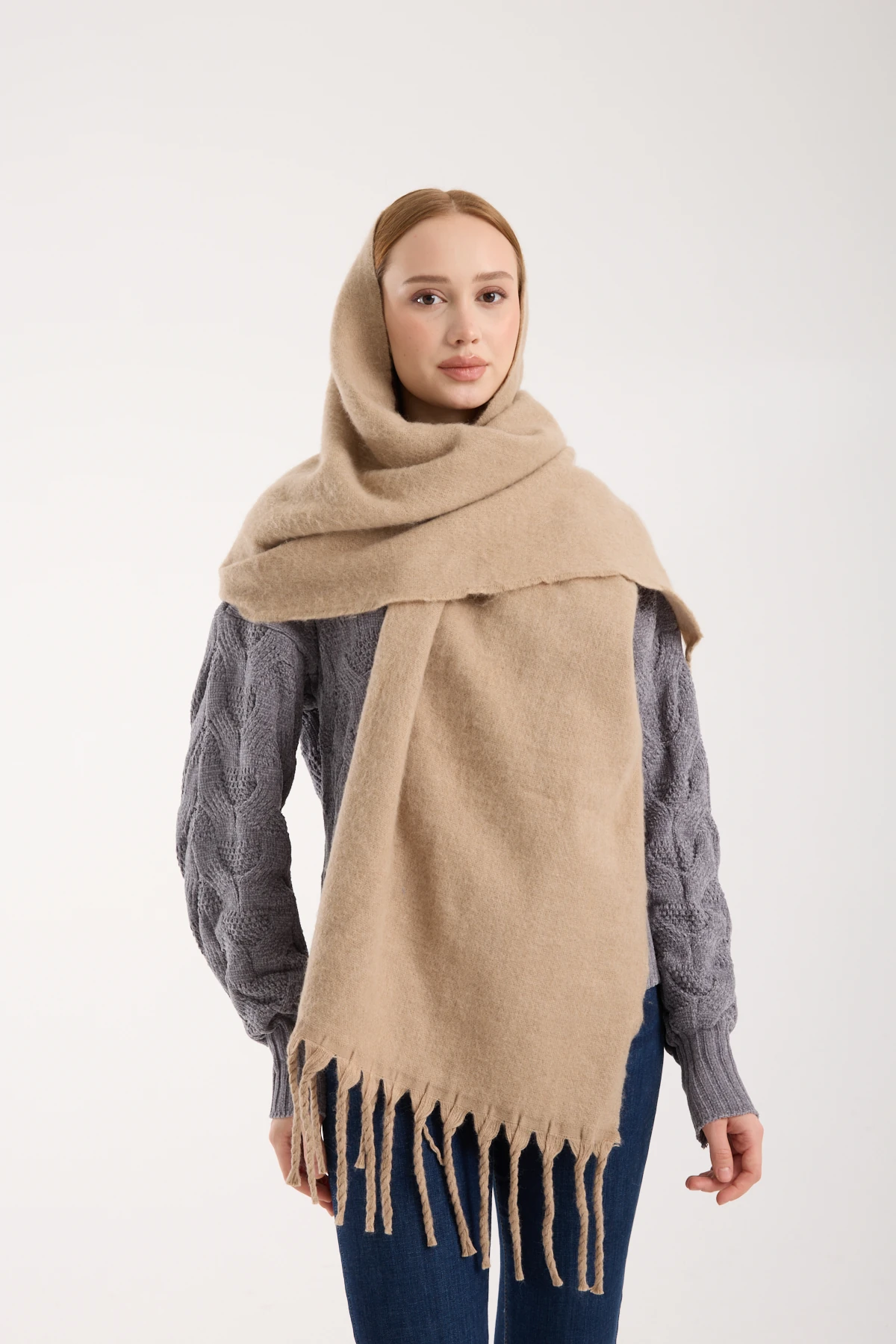 Kadın Yumuşak Dokulu Uzun Şal Atkı  - VİZON