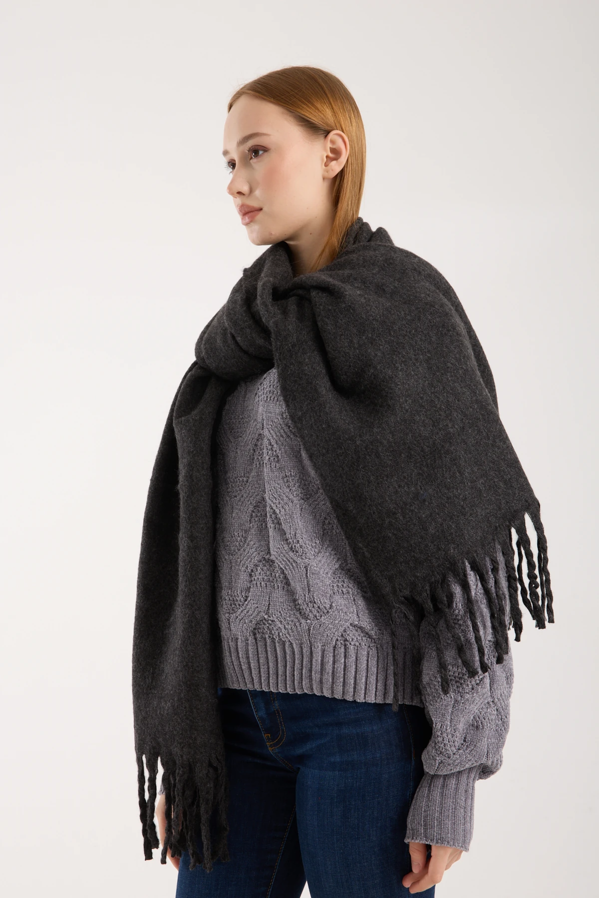 Kadın Yumuşak Dokulu Uzun Şal Atkı  - ANTRASİT