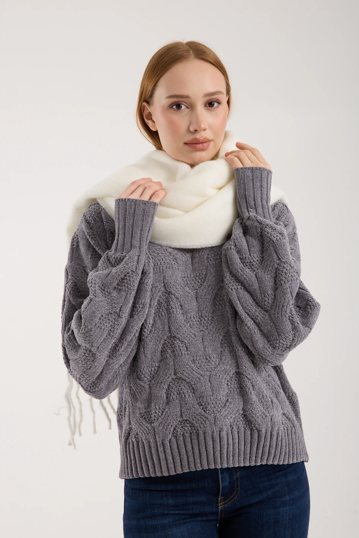 Kadın Yumuşak Dokulu Uzun Şal Atkı  - EKRU