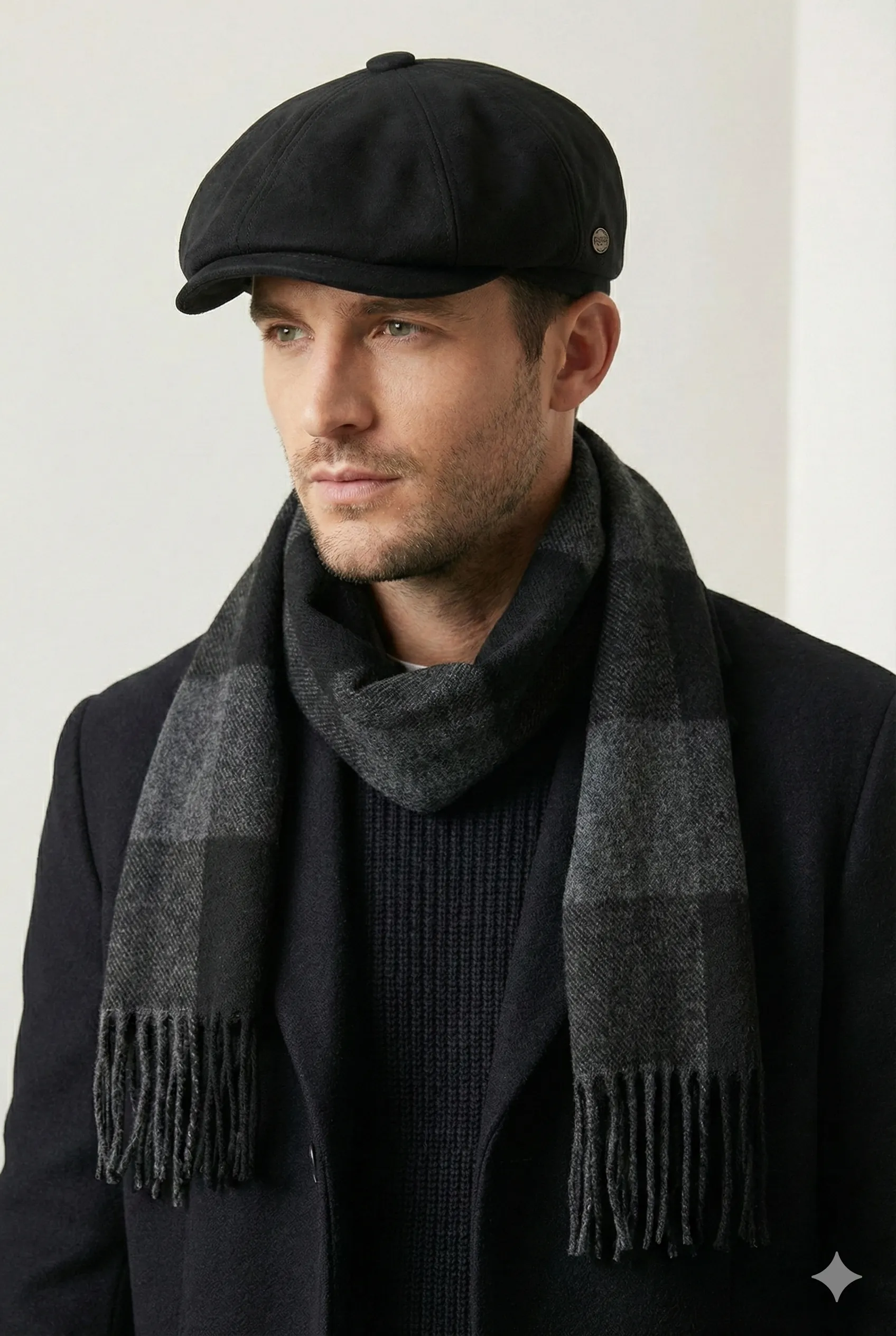 Siyah İngiliz Model Kasket & Antrasit Ekose Atkı Seti