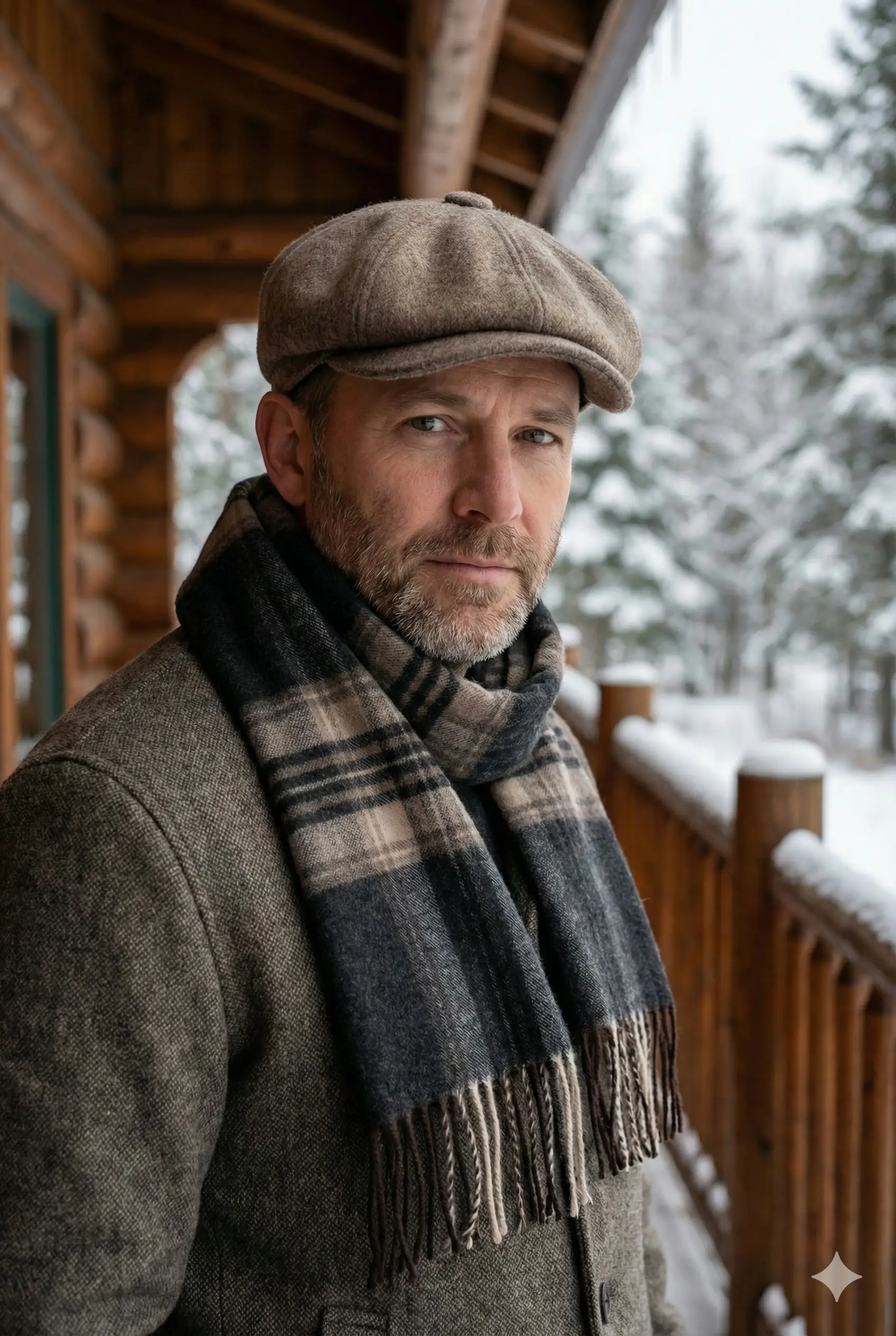 Erkek Tweed Kasket ve Desenli Atkı Seti - Kışlık Şapka Takımı