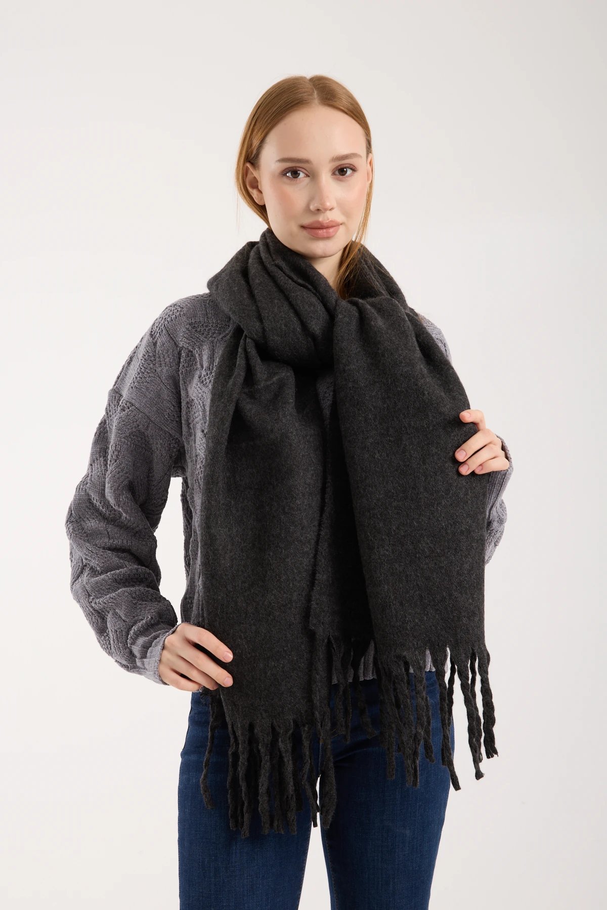 Kadın Yumuşak Dokulu Uzun Şal Atkı  - ANTRASİT