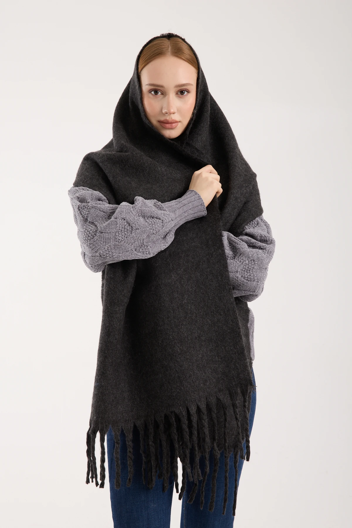 Kadın Yumuşak Dokulu Uzun Şal Atkı  - ANTRASİT
