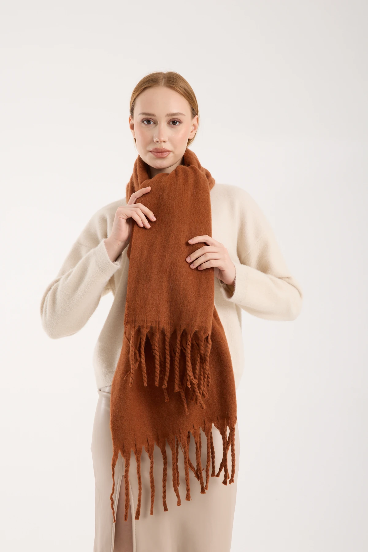 Kadın Yumuşak Dokulu Uzun Şal Atkı  - KİREMİT